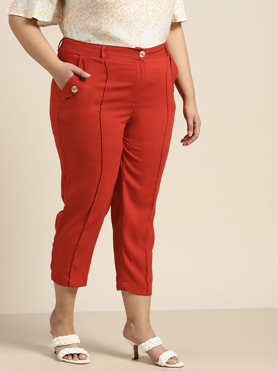 Sztori Women Plus Size Rust Red Pleated Trousers Price in India