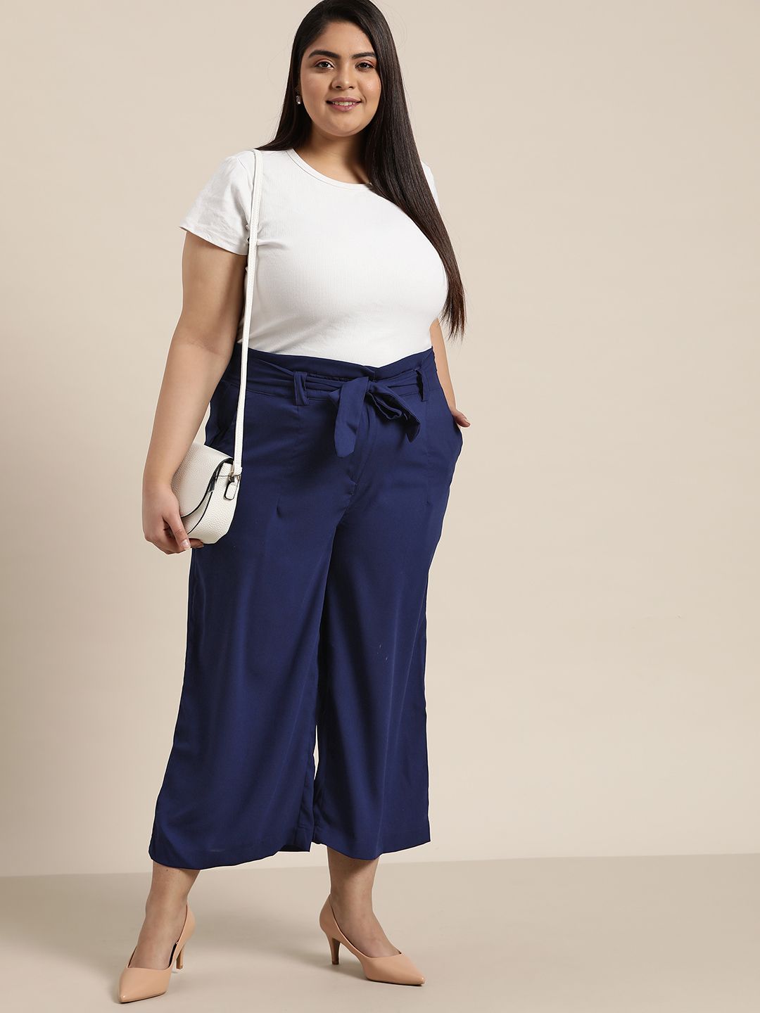 Sztori Women Plus Size Navy Blue High-Rise Solid Paperbag Waist Parallel Trousers Price in India