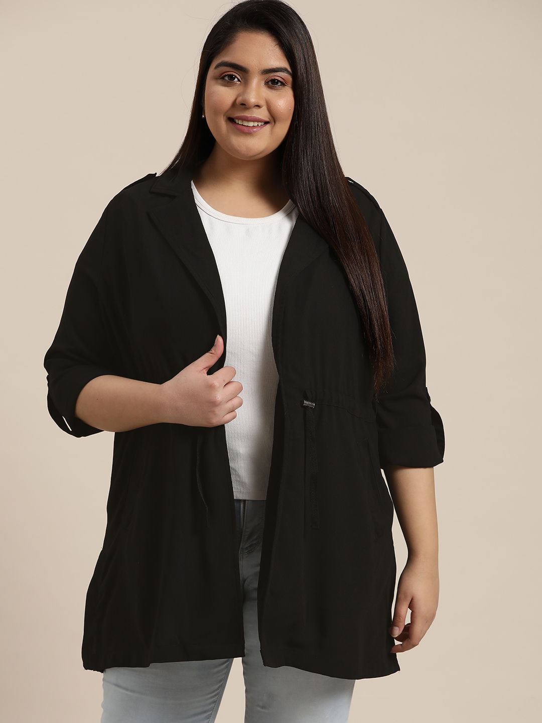 Sztori Women Plus Size Black Solid Tie-Up Shrug Price in India