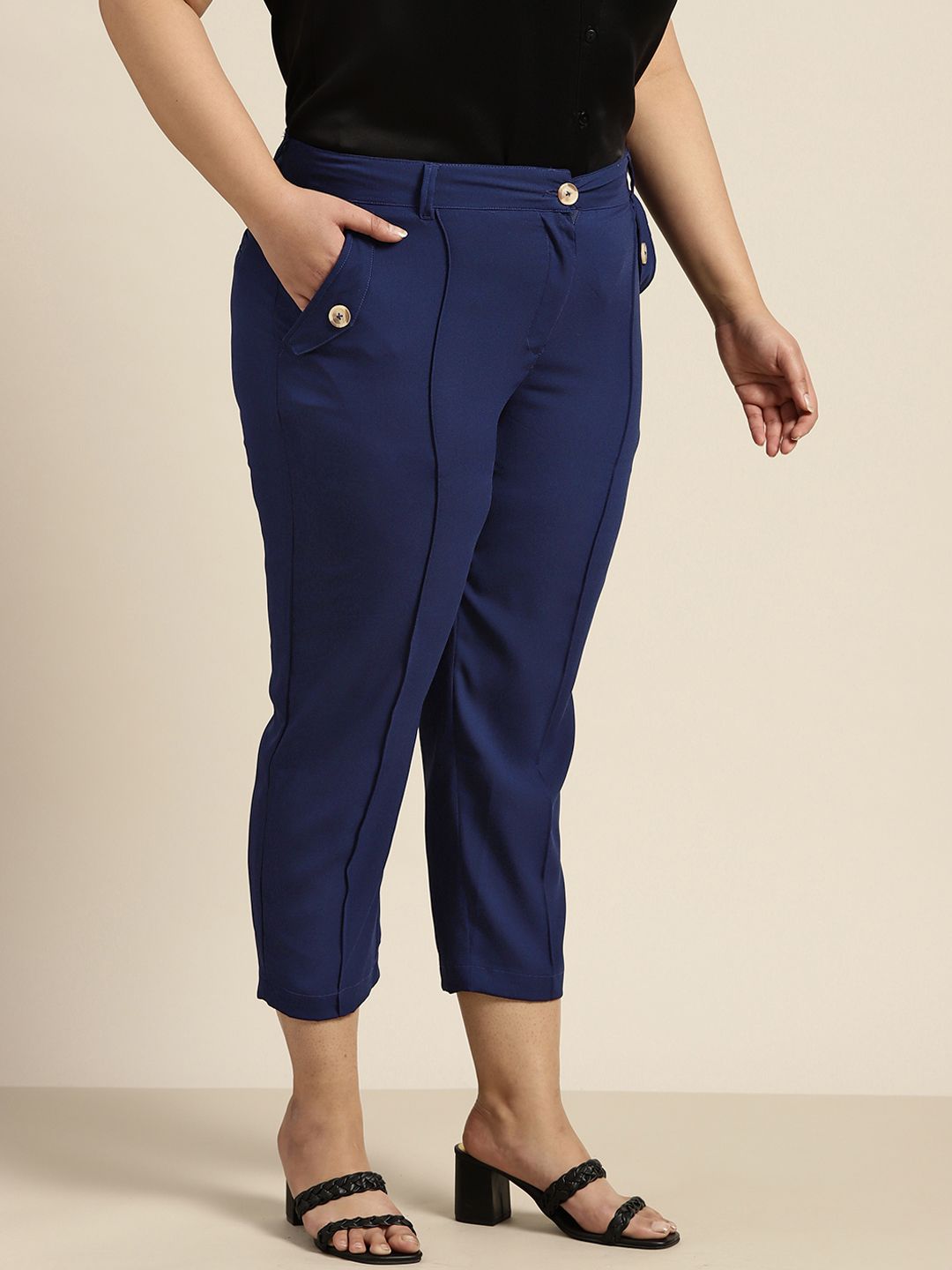 Sztori Women Plus Size Navy Blue Solid Cropped Trousers Price in India