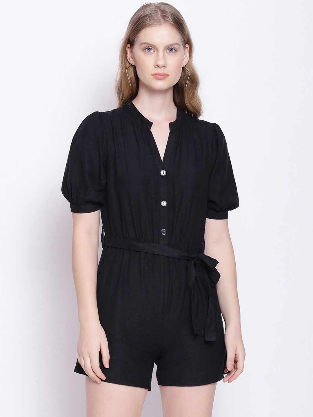 Oxolloxo Women Charcoal Black Linen Blend Playsuit Price in India