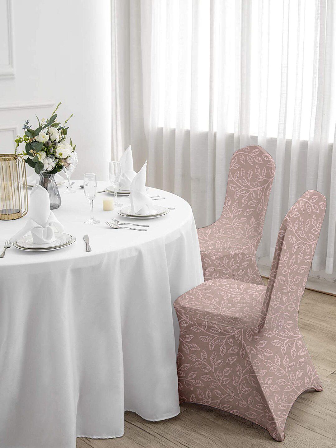 Cortina Pink Set of 6 Printed Banquet Elastic Chair Covers Price in India