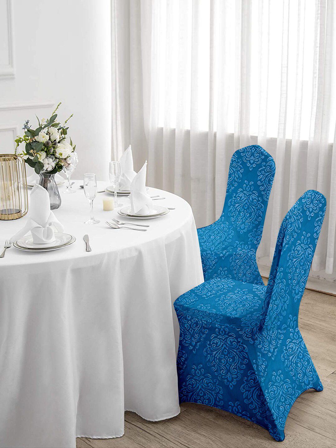 Cortina Blue Set of 4 Printed Banquet Elastic Chair Covers Price in India