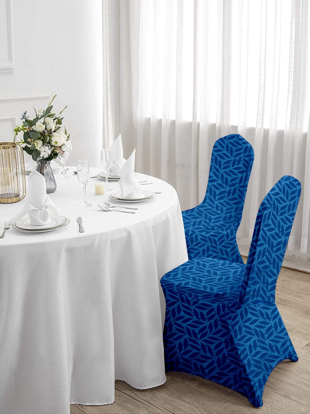 Cortina Blue Set of 4 Printed Banquet Elastic Chair Covers Price in India