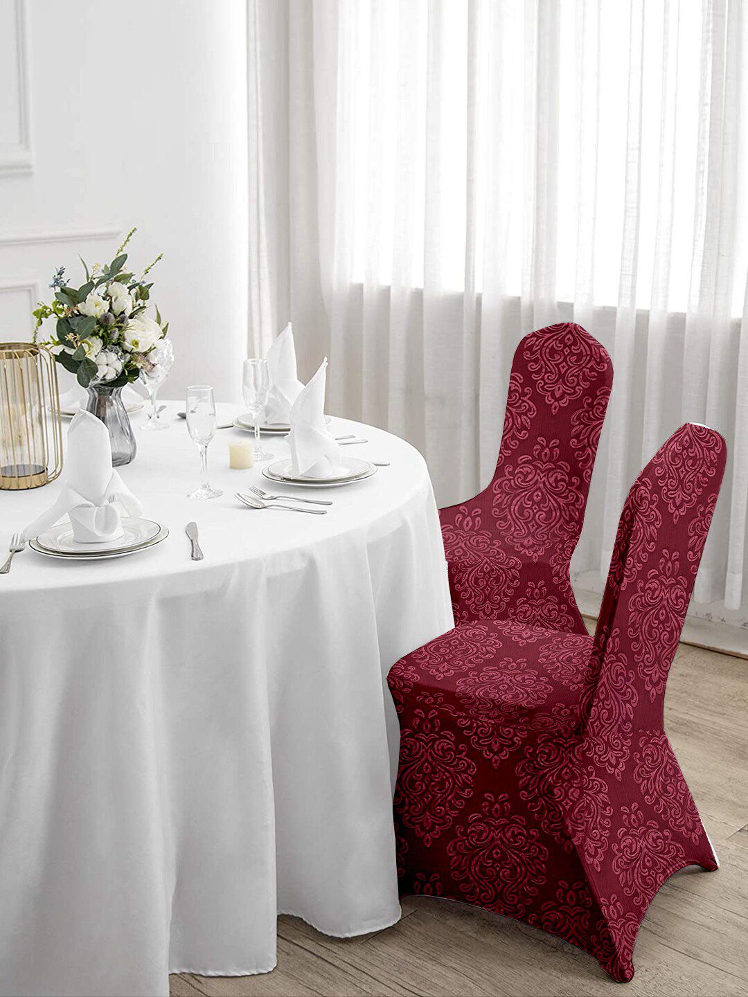 Cortina Maroon Set of 4 Printed Banquet Elastic Chair Covers Price in India