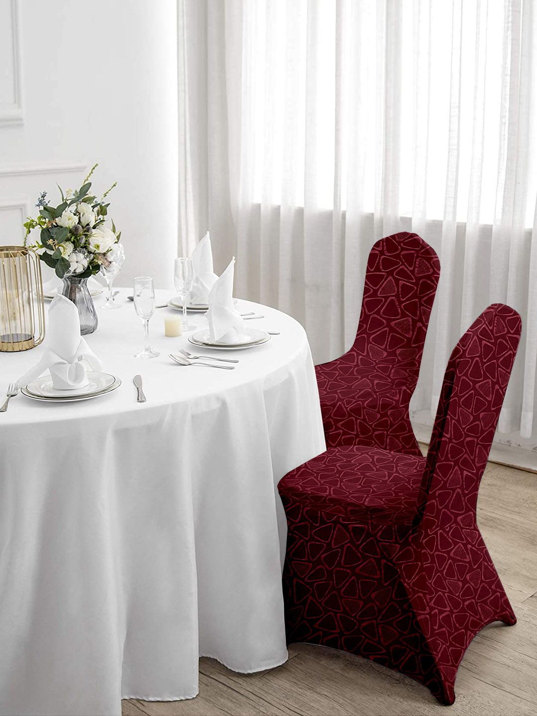 Cortina Maroon Set of 6 Printed Banquet Elastic Chair Covers Price in India