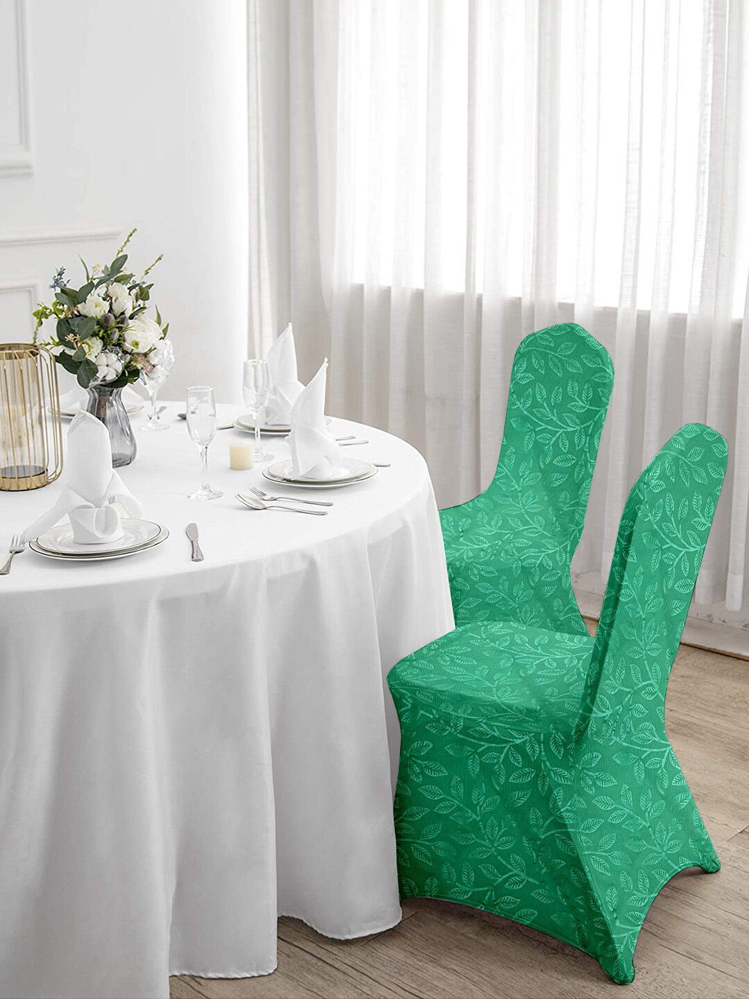 Cortina Green Set of 6 Printed Banquet Elastic Chair Covers Price in India