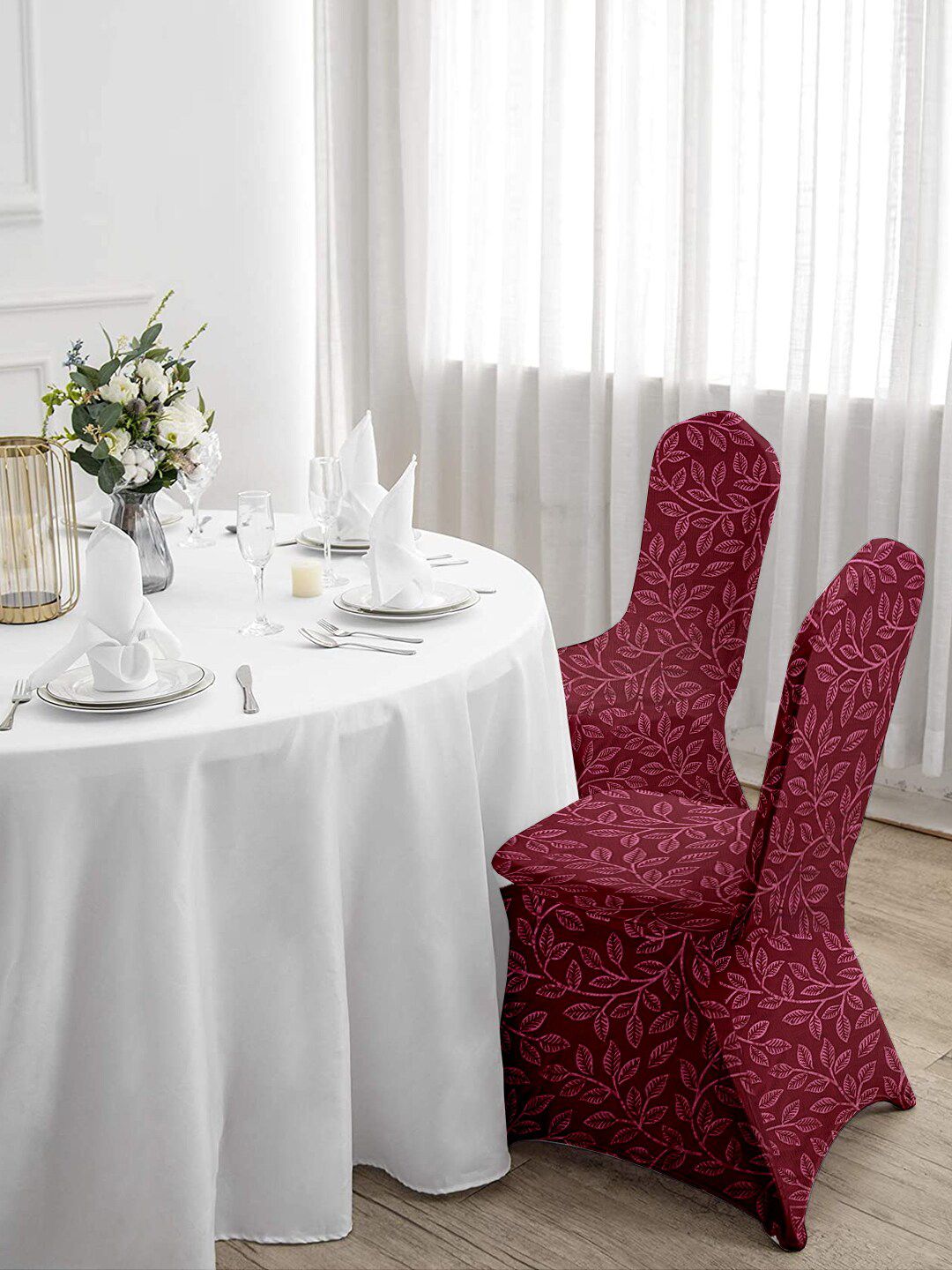 Cortina Maroon Set of 4 Printed Banquet Elastic Chair Covers Price in India