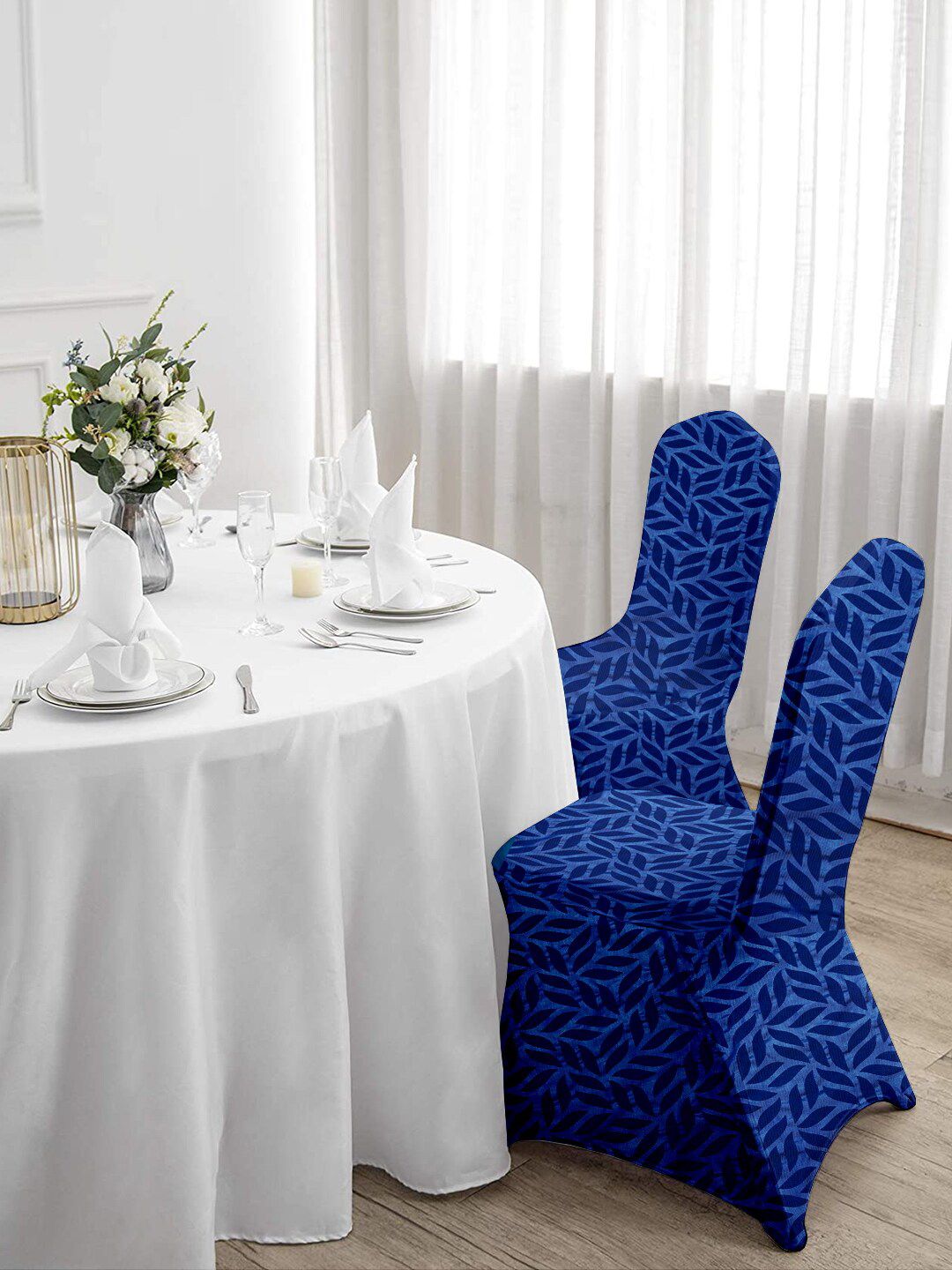 Cortina Blue Set of 2 Printed Banquet Elastic Chair Covers Price in India