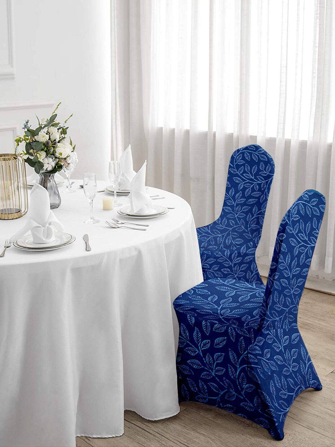 Cortina Blue Set of 6 Printed Banquet Elastic Chair Covers Price in India