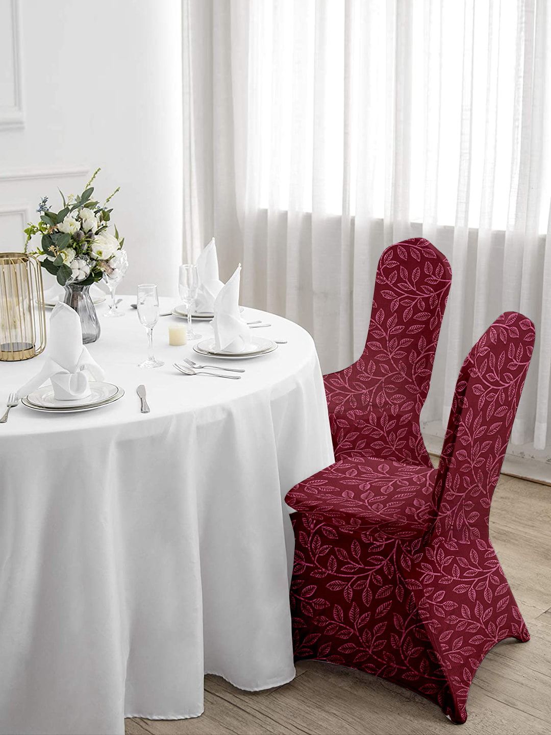 Cortina Maroon Set of 6 Printed Banquet Elastic Chair Covers Price in India