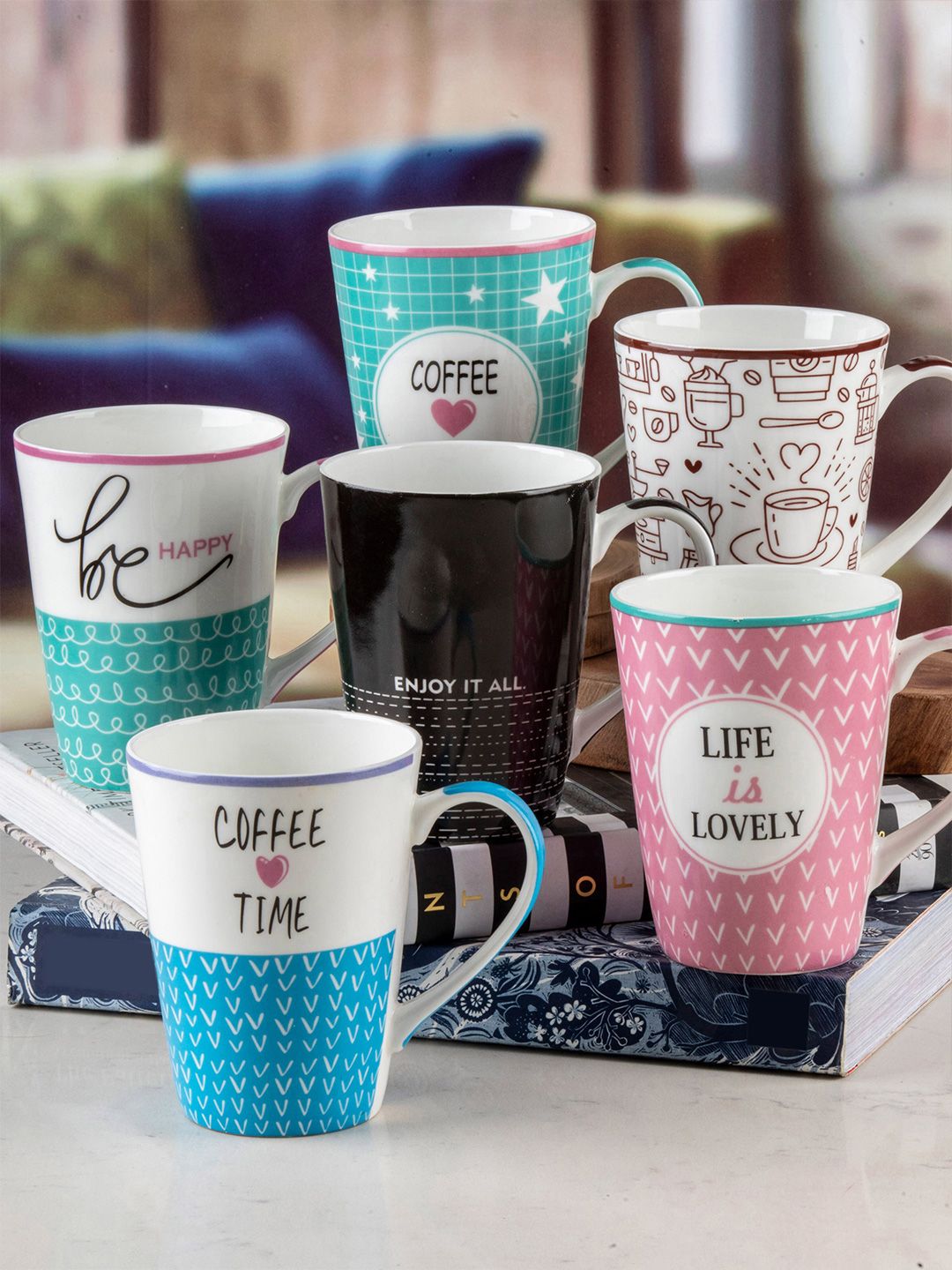 Roxx Multicoloured Text or Slogans Printed Porcelain Glossy Set of Cups and Mugs Price in India