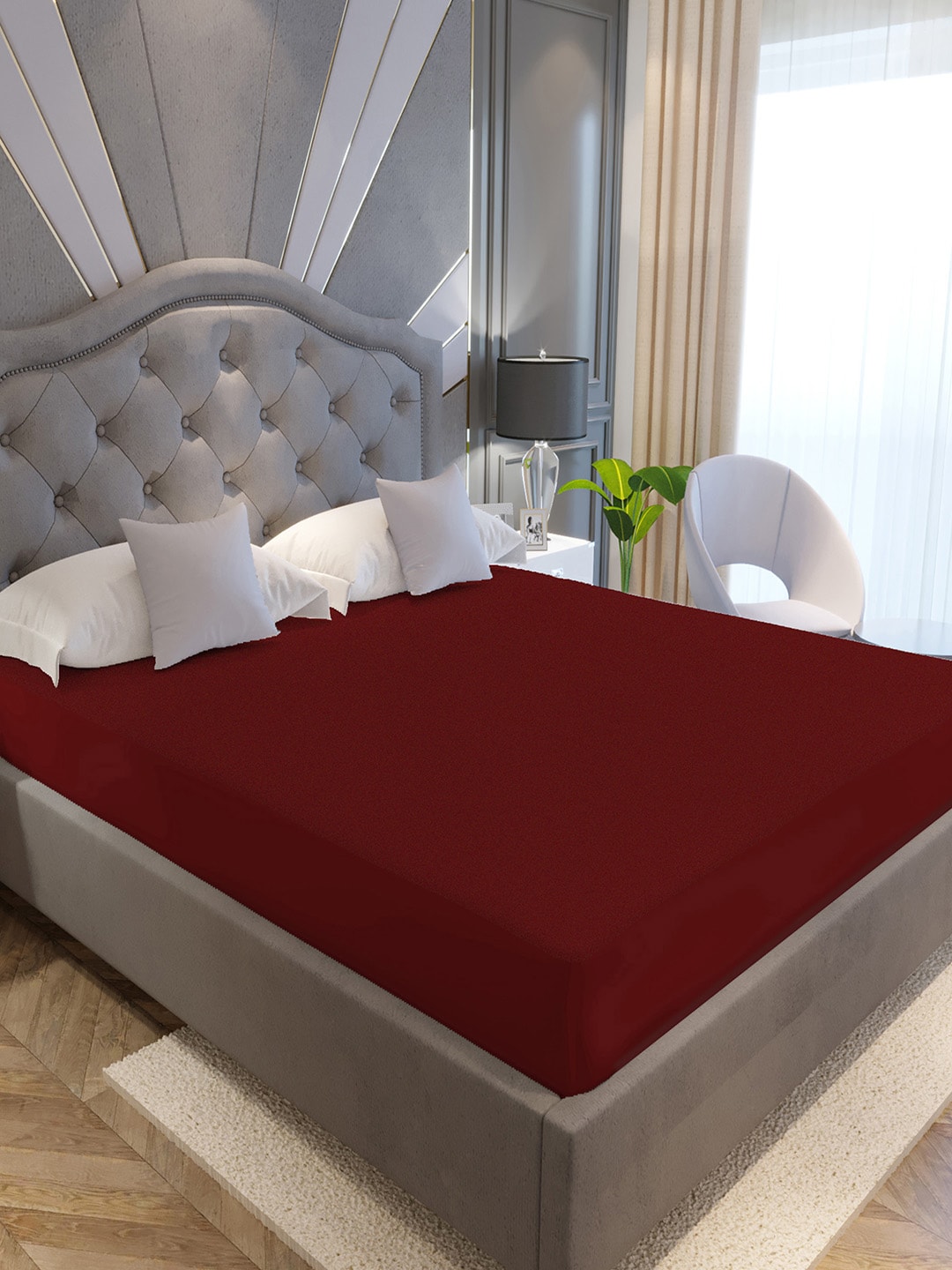 LA VERNE Maroon Solid King Size Cotton Terry Waterproof Mattress Protector Price in India