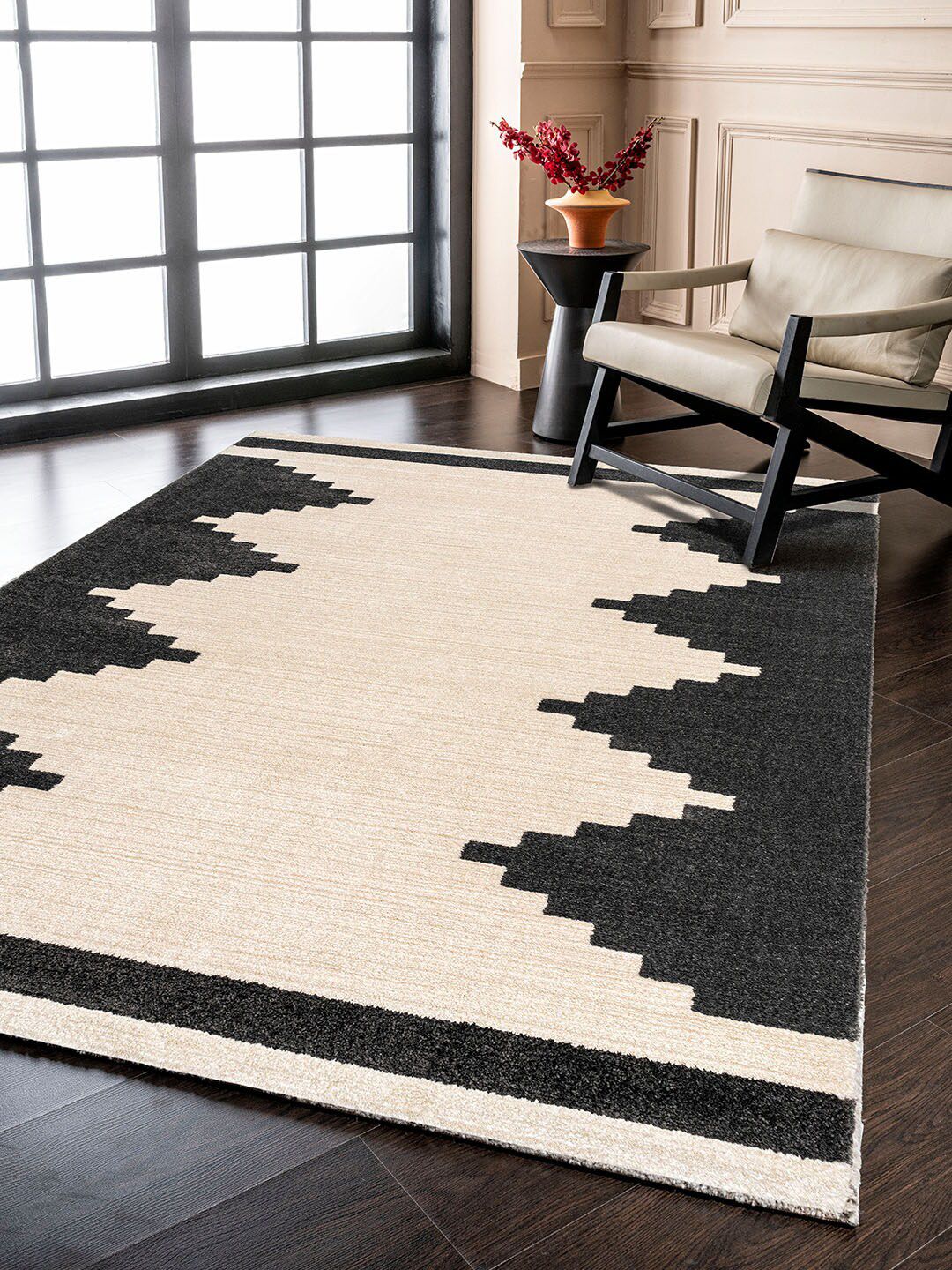 DDecor Beige & Black Geometric Print Carpet Price in India