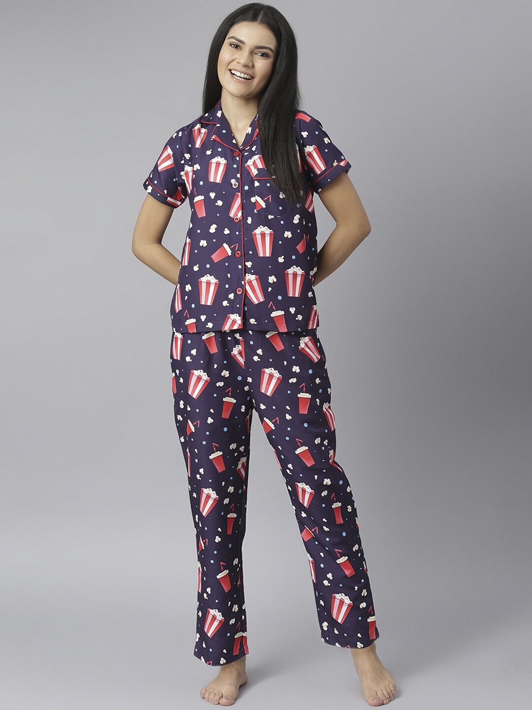 StyleStone Women Navy Blue & Red Popcorn Digital Printed Night Suit Price in India