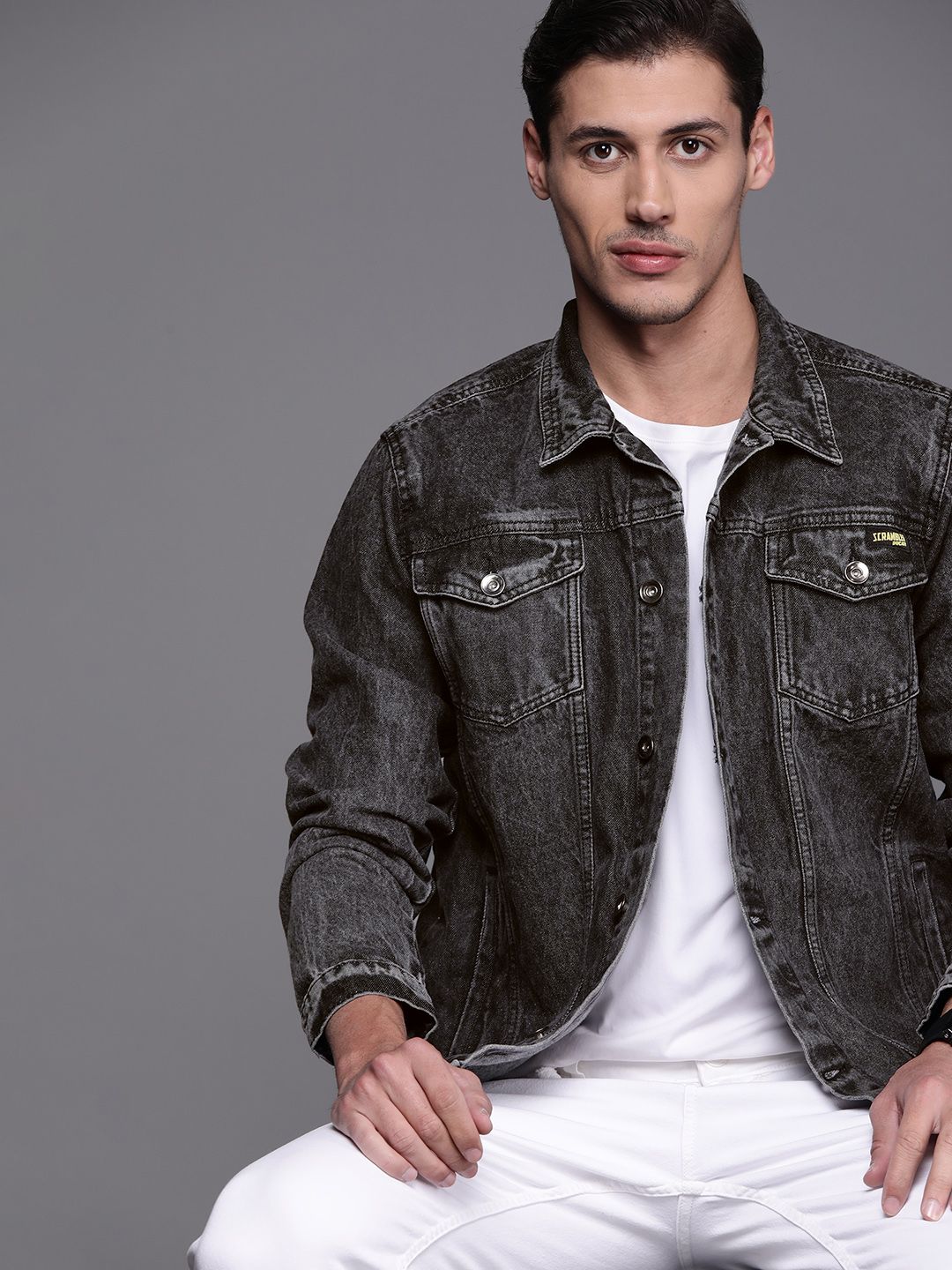 Buy Ducati Scrambler Men Charcoal Grey Solid Denim Jacket