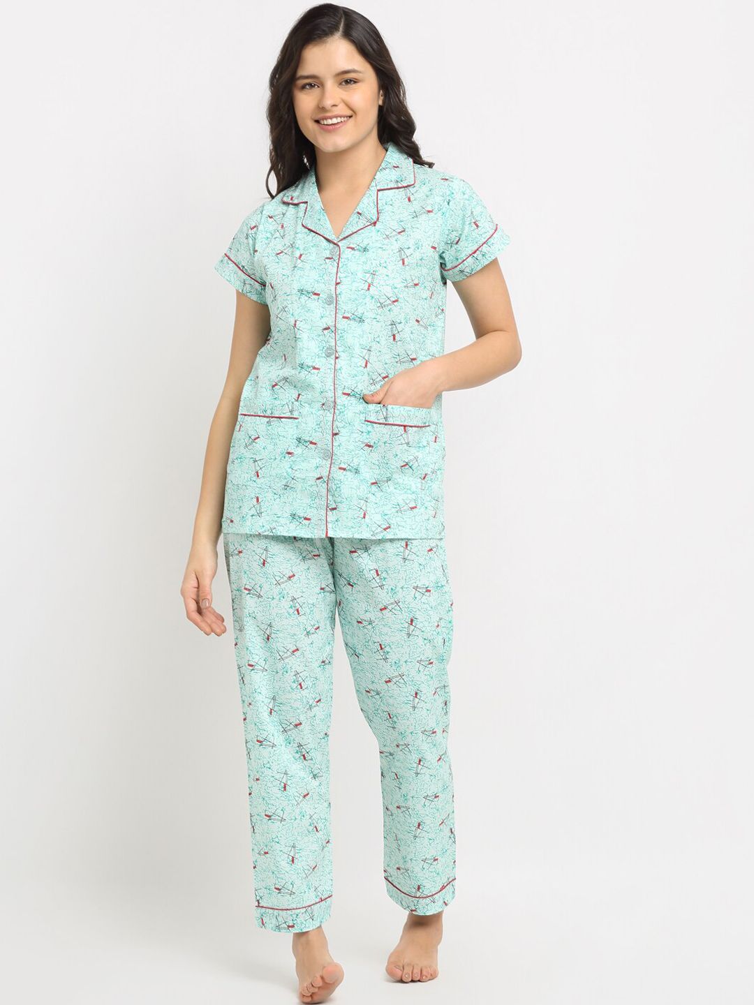 NEUDIS Women Sea Green & Pink Abstract Printed Pure Cotton Night suit Price in India