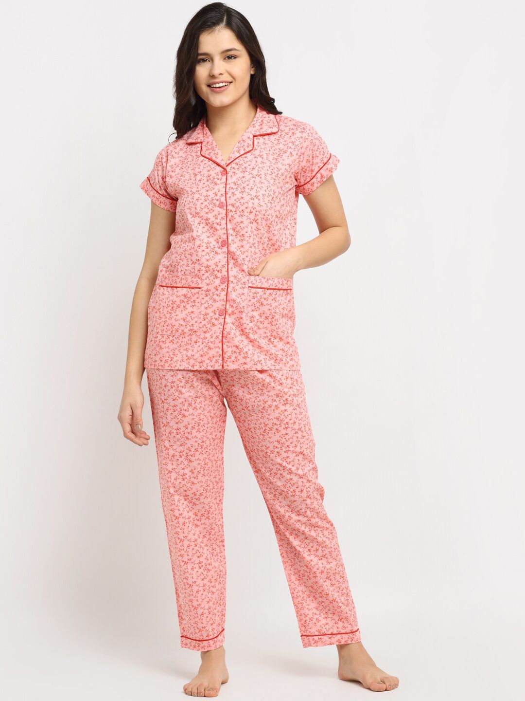 NEUDIS Women Peach-Coloured Floral Printed Pure Cotton Night suit Price in India