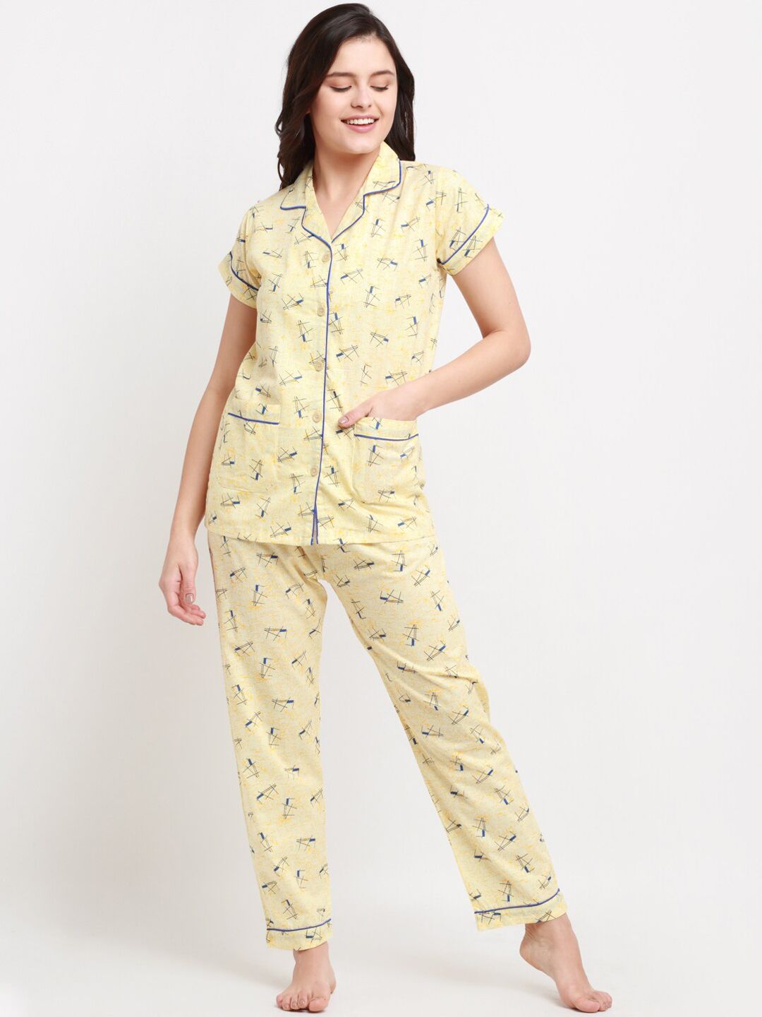 NEUDIS Women Yellow & Blue Abstract Printed Pure Cotton Night suit Price in India