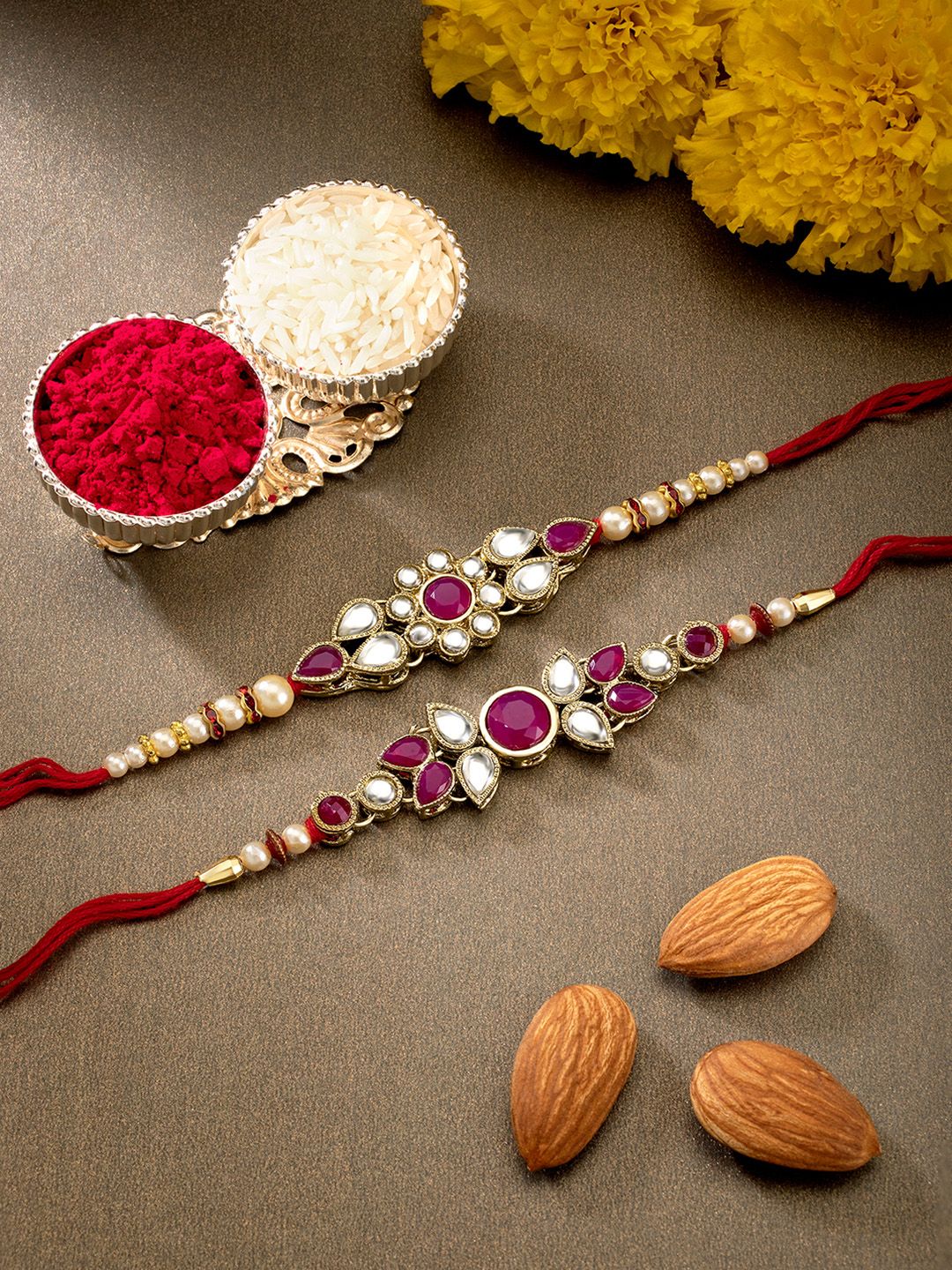 Peora Set of 2 Handmade Kundan Rakhi with Raksha Bandhan Greeting Card & Roli Chawal