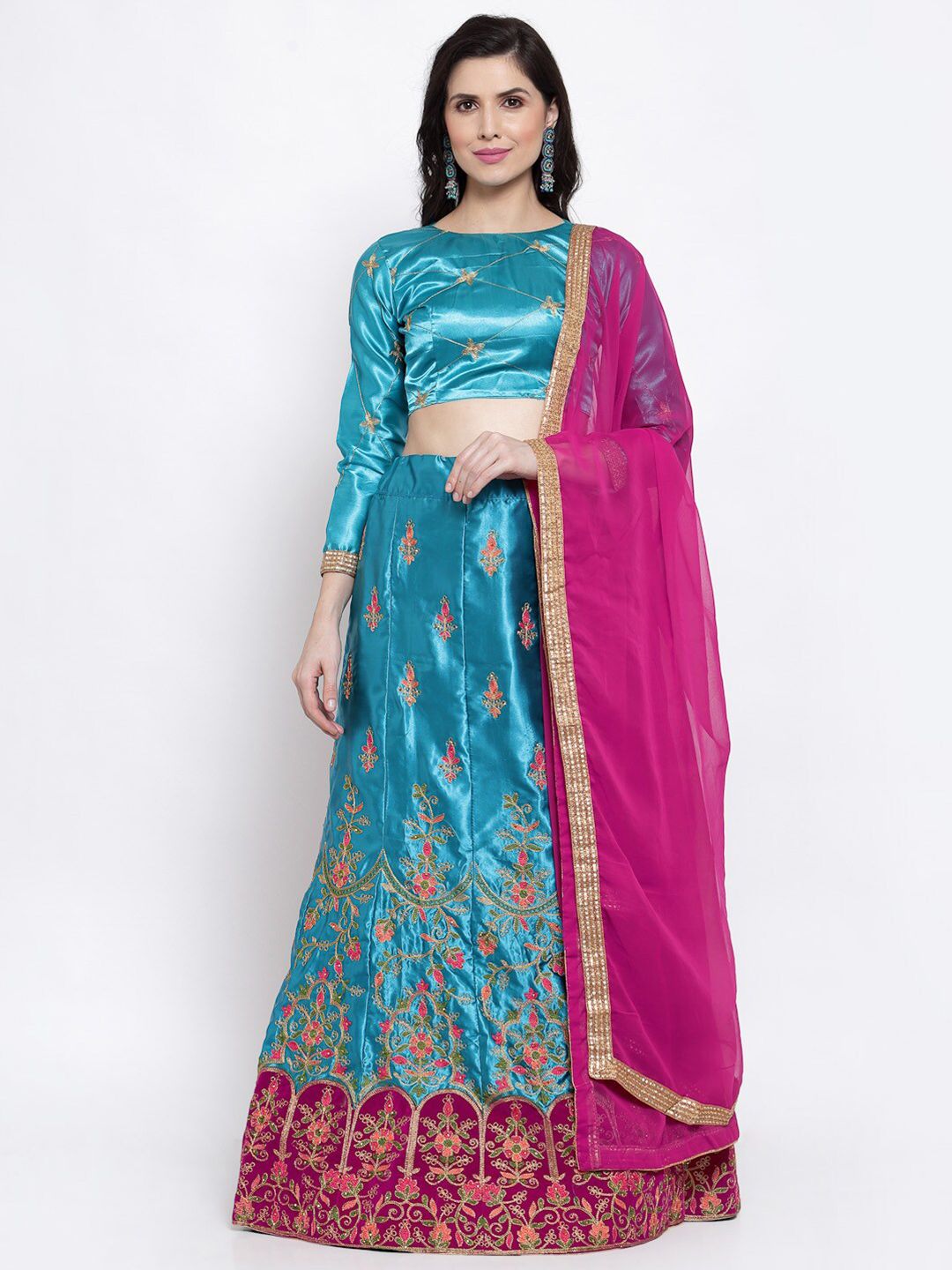 Satrani Blue & Pink Embroidered Thread Work Semi-Stitched Lehenga & Unstitched Blouse With Dupatta