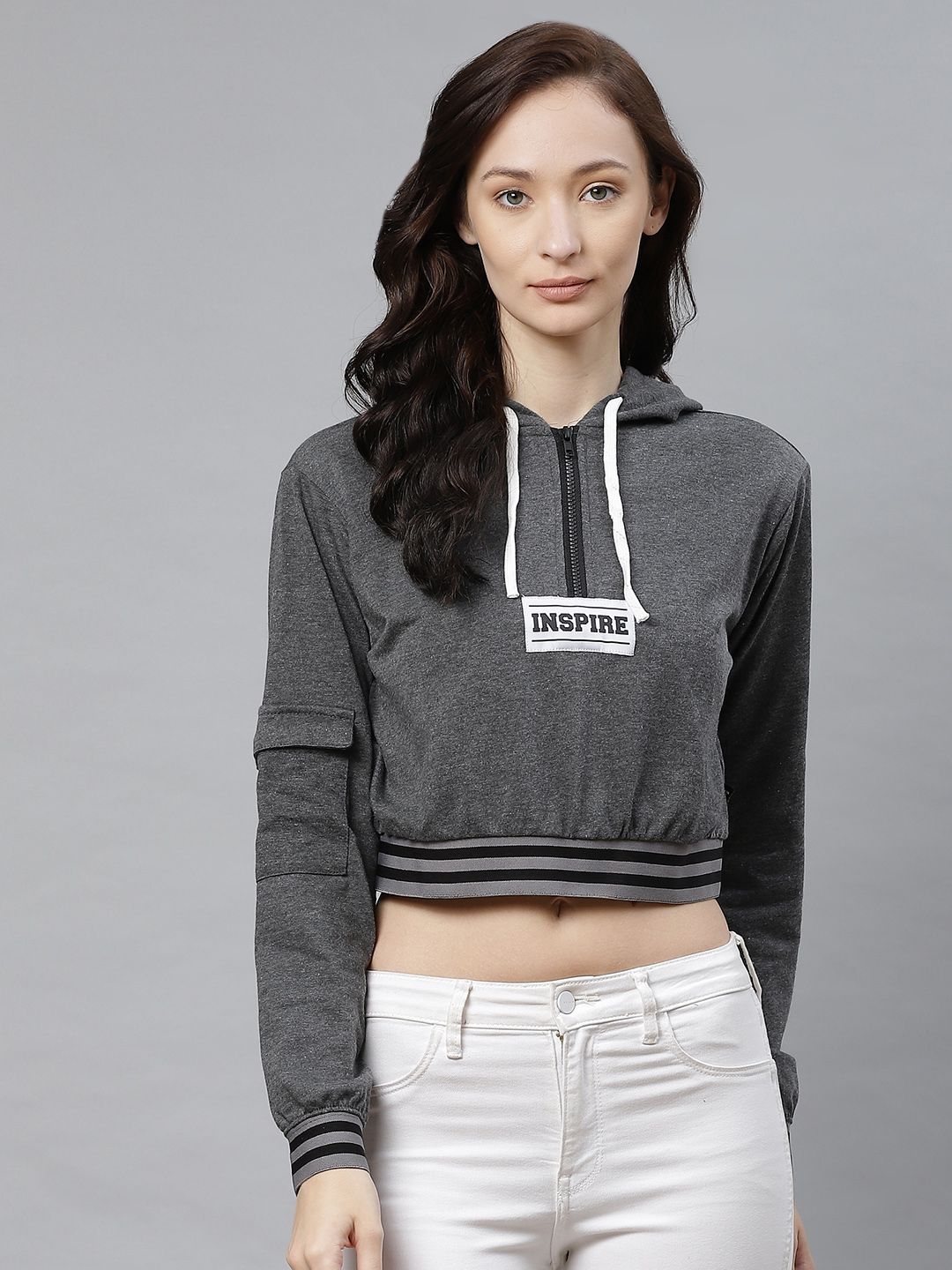 Hubberholme Women Charcoal Grey & White Typography Print Crop Hooded Sweatshirt Price in India