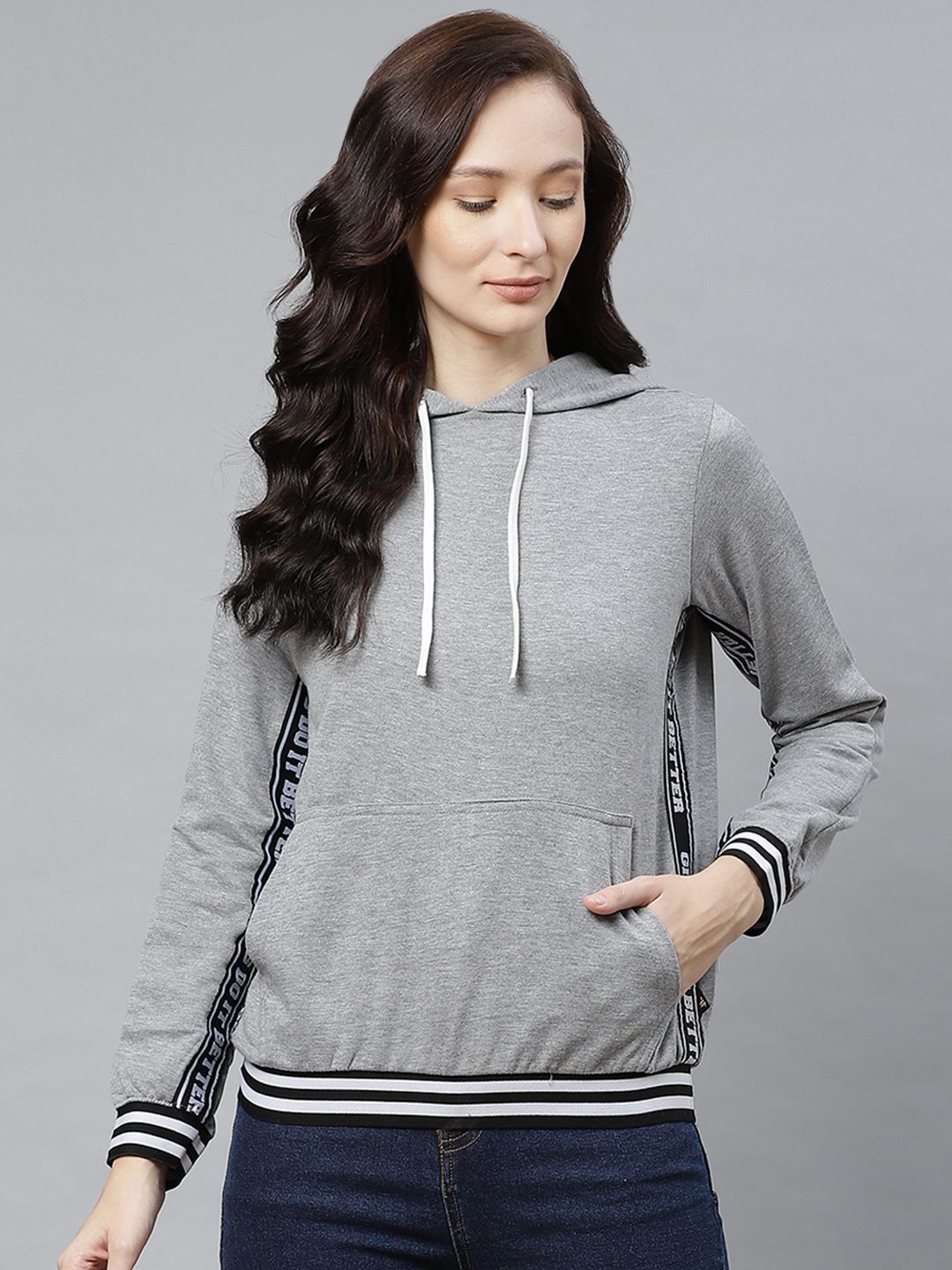 Hubberholme Women Grey Melange Solid Hooded Sweatshirt with Side Taping Detail Price in India