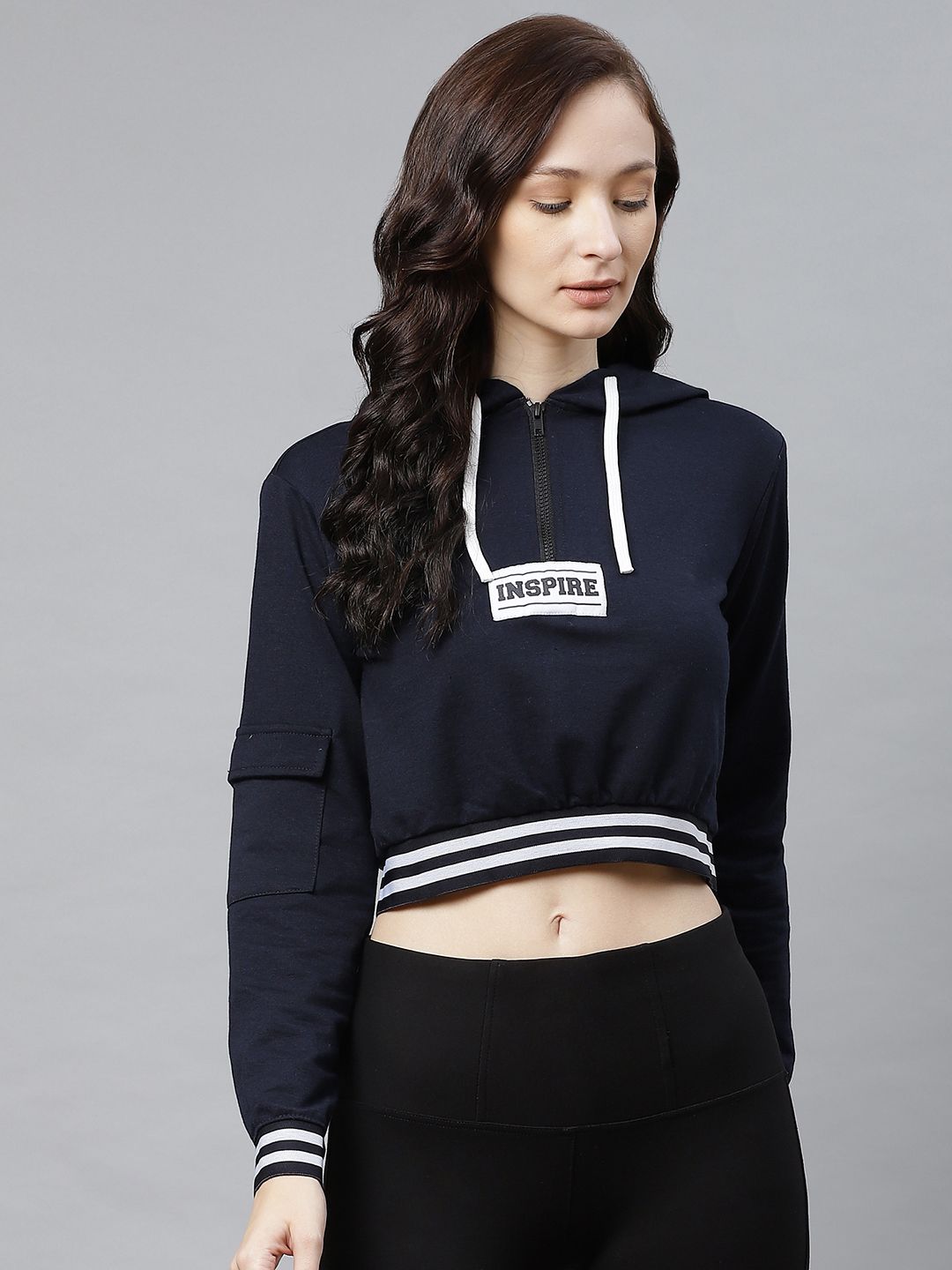 Hubberholme Women Navy Blue Cropped Hooded Sweatshirt Price in India