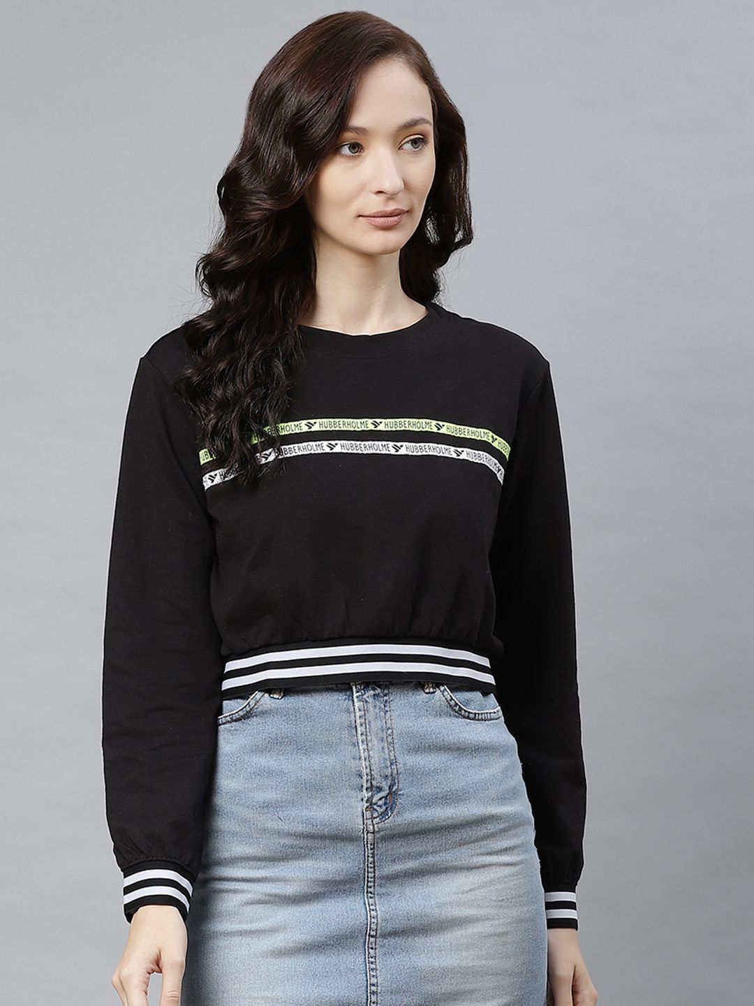 Hubberholme Women Black & White Brand Logo Striped Sweatshirt Price in India