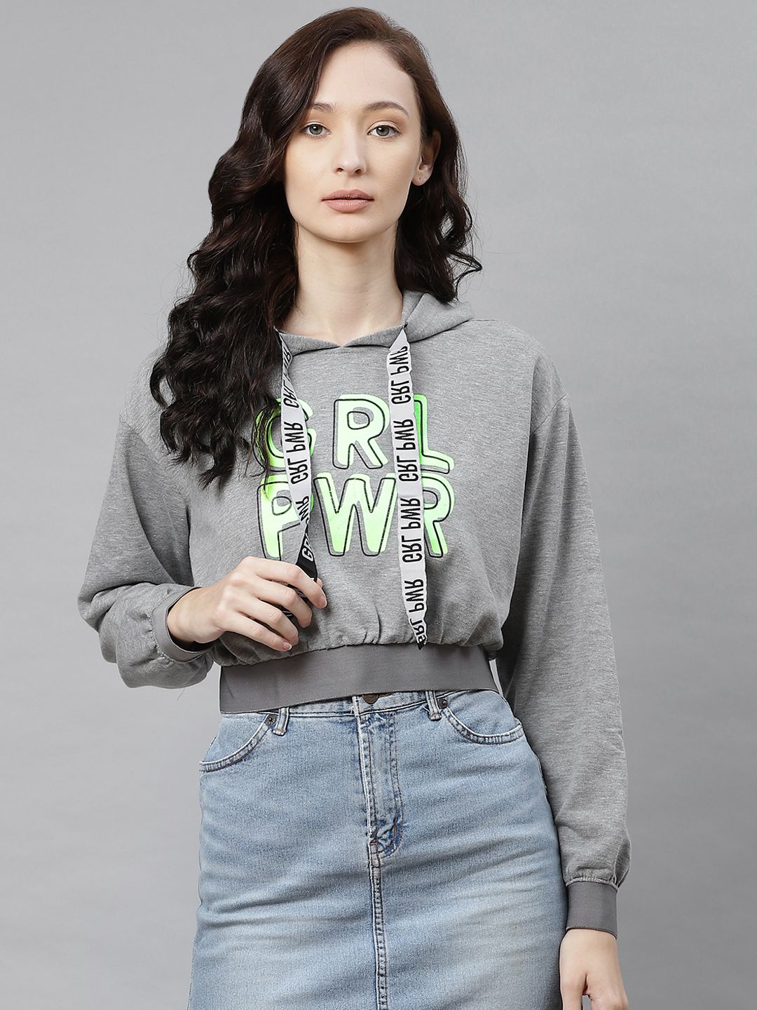 Hubberholme Women Grey Melange & Green Printed Hooded Sweatshirt Price in India