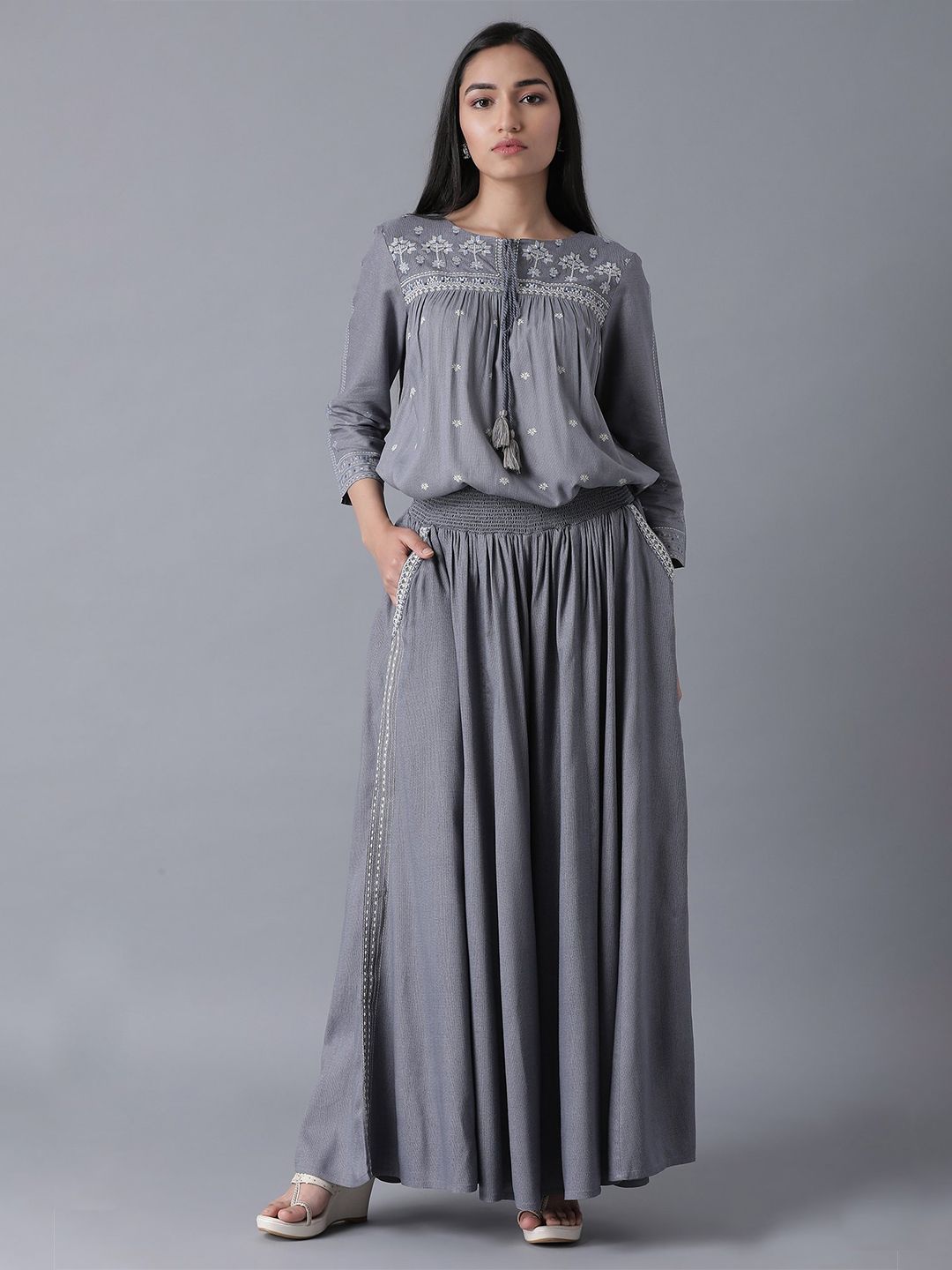 W Women Grey Top with Palazzos Price in India