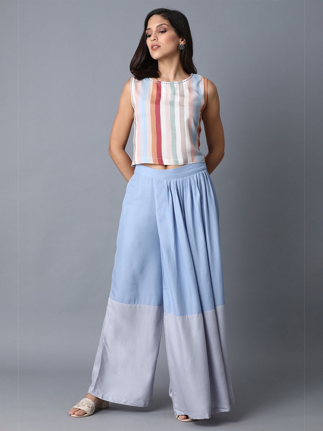 W Women Blue & White Striped Top with Trousers Price in India