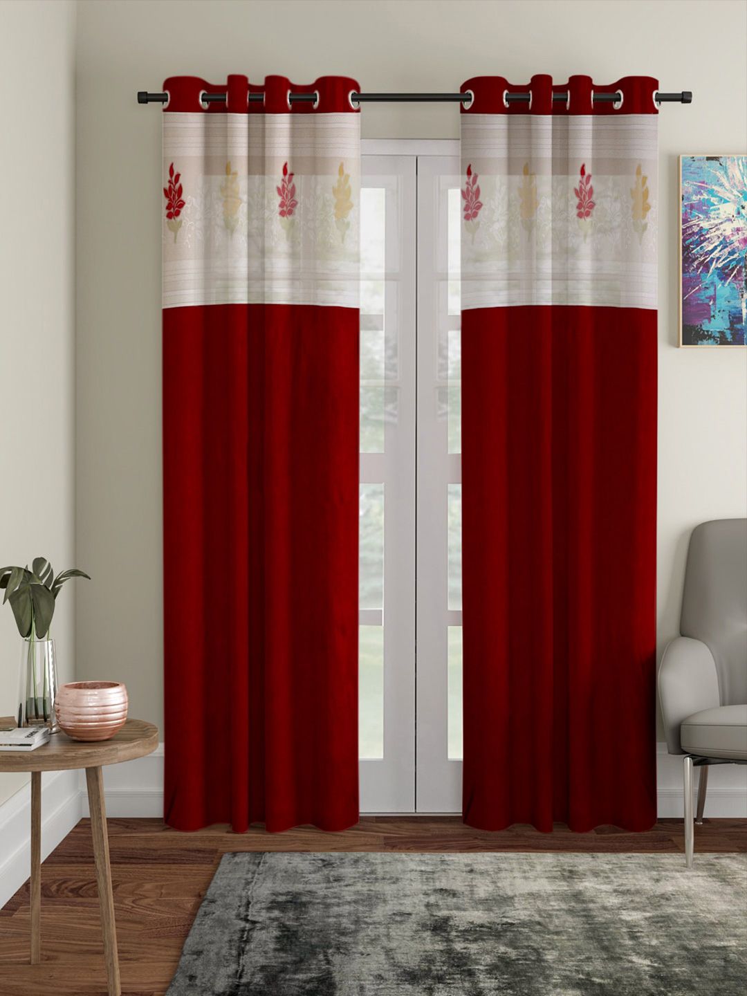 Home Sizzler Maroon & Off White Set of 2 Long Door Curtain Price in India