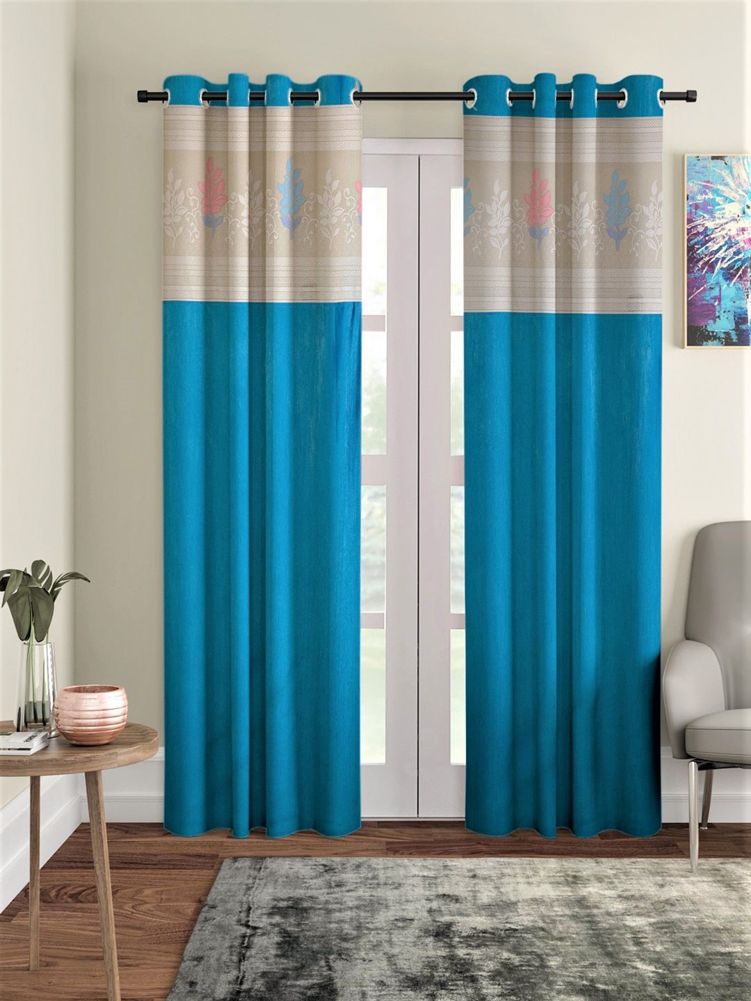 Home Sizzler Turquoise Blue & Beige Set of 2 Ethnic Motifs Door Curtain Price in India