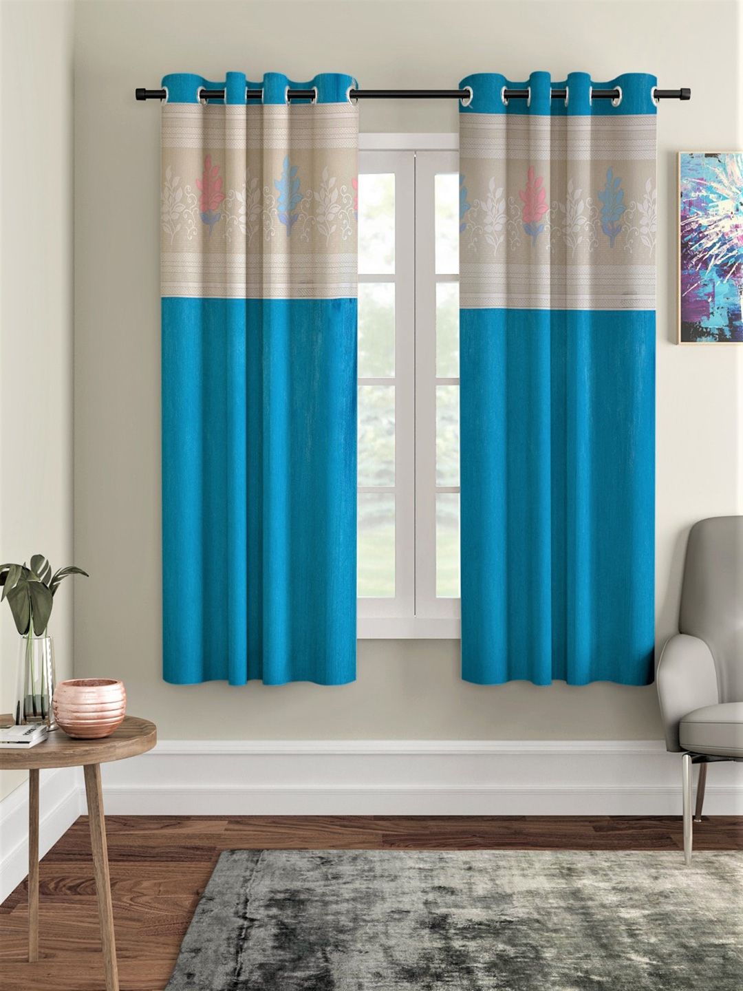 Home Sizzler Turquoise Blue & Off White Set of 2 Window Curtain Price in India