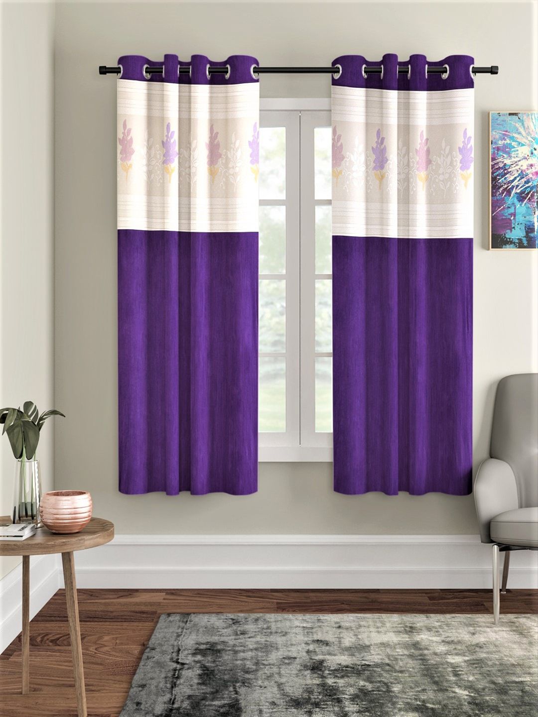 Home Sizzler Purple & Cream-Coloured Set of 2 Colourblocked Window Curtain Price in India