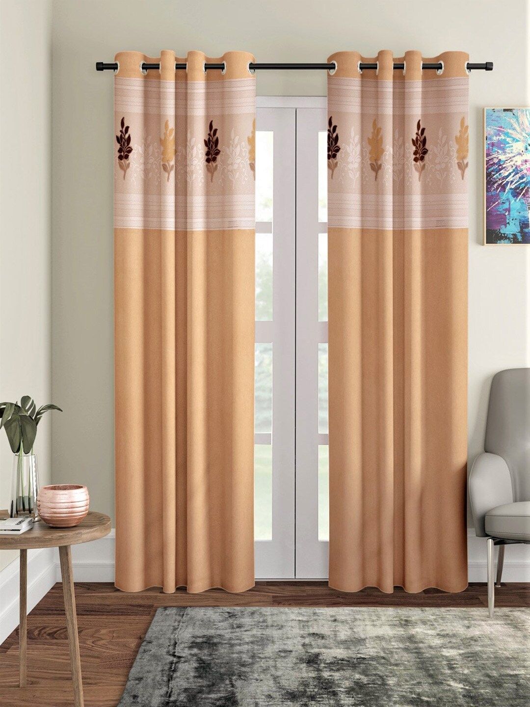 Home Sizzler Gold-Toned & Off White Set of 2 Long Door Curtain Price in India