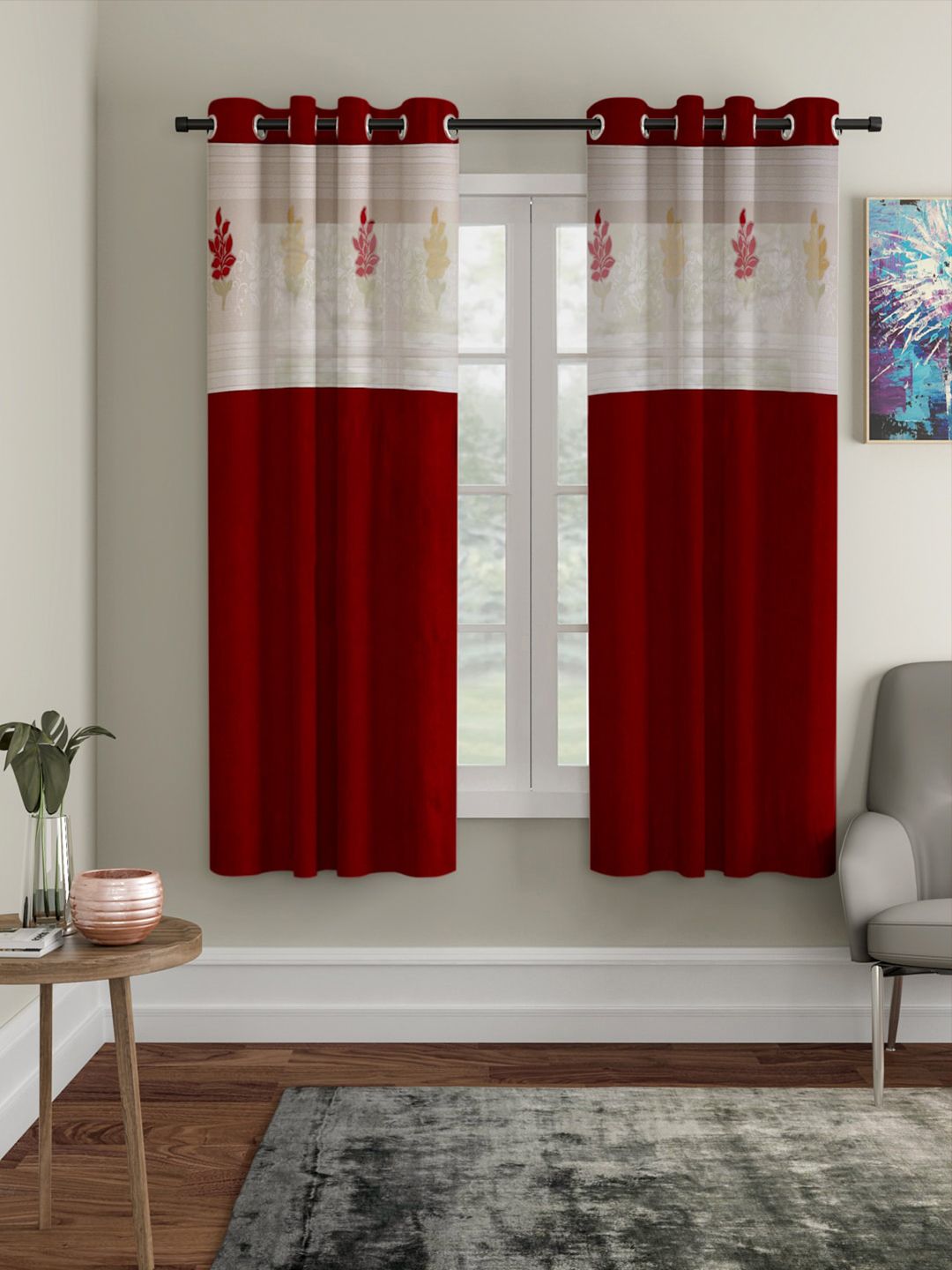 Home Sizzler Maroon & Gold-Toned Set of 2 Embroidered Window Curtain Price in India