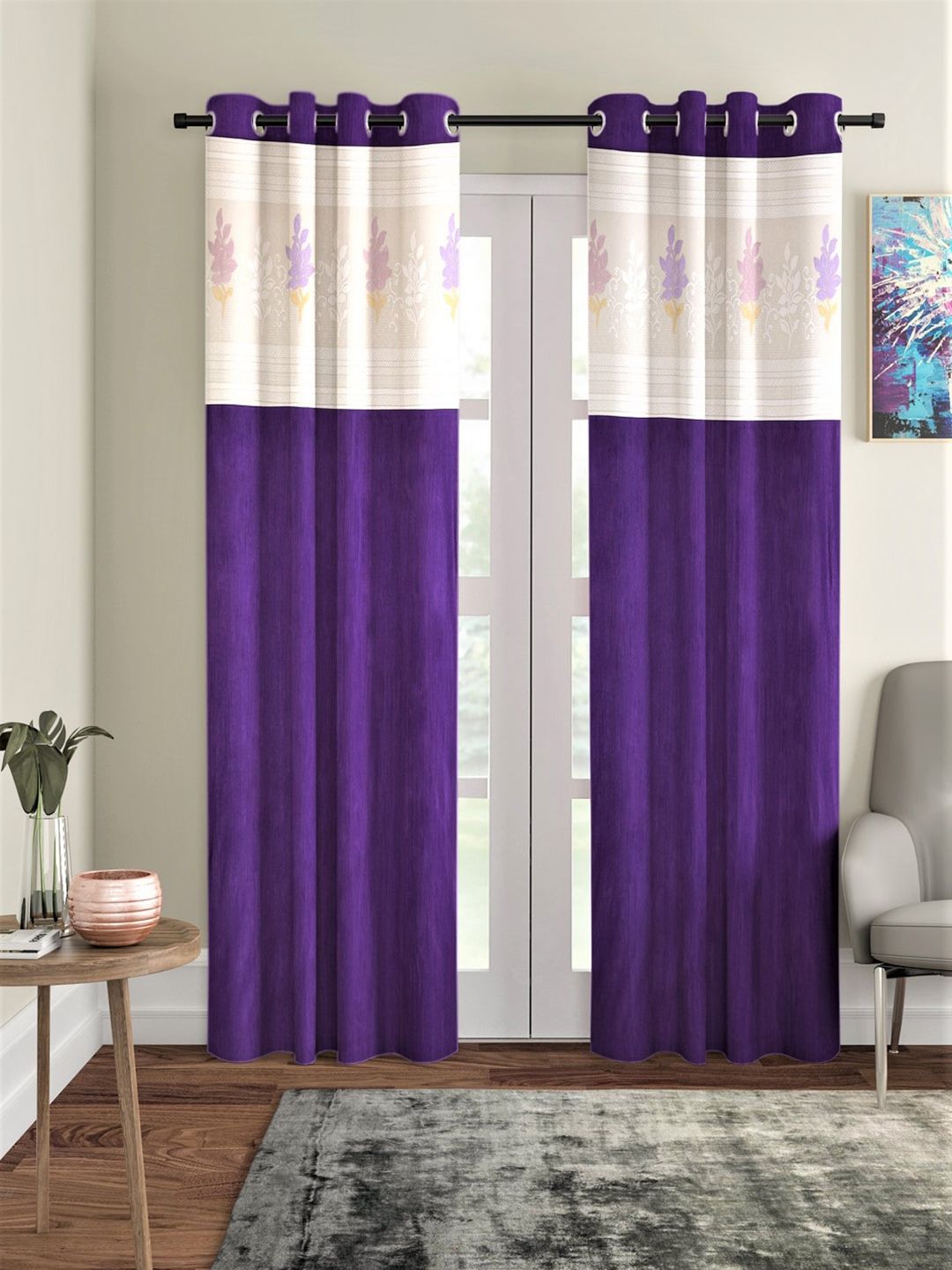 Home Sizzler Purple & Gold-Toned Set of 2 Floral Long Door Curtain Price in India