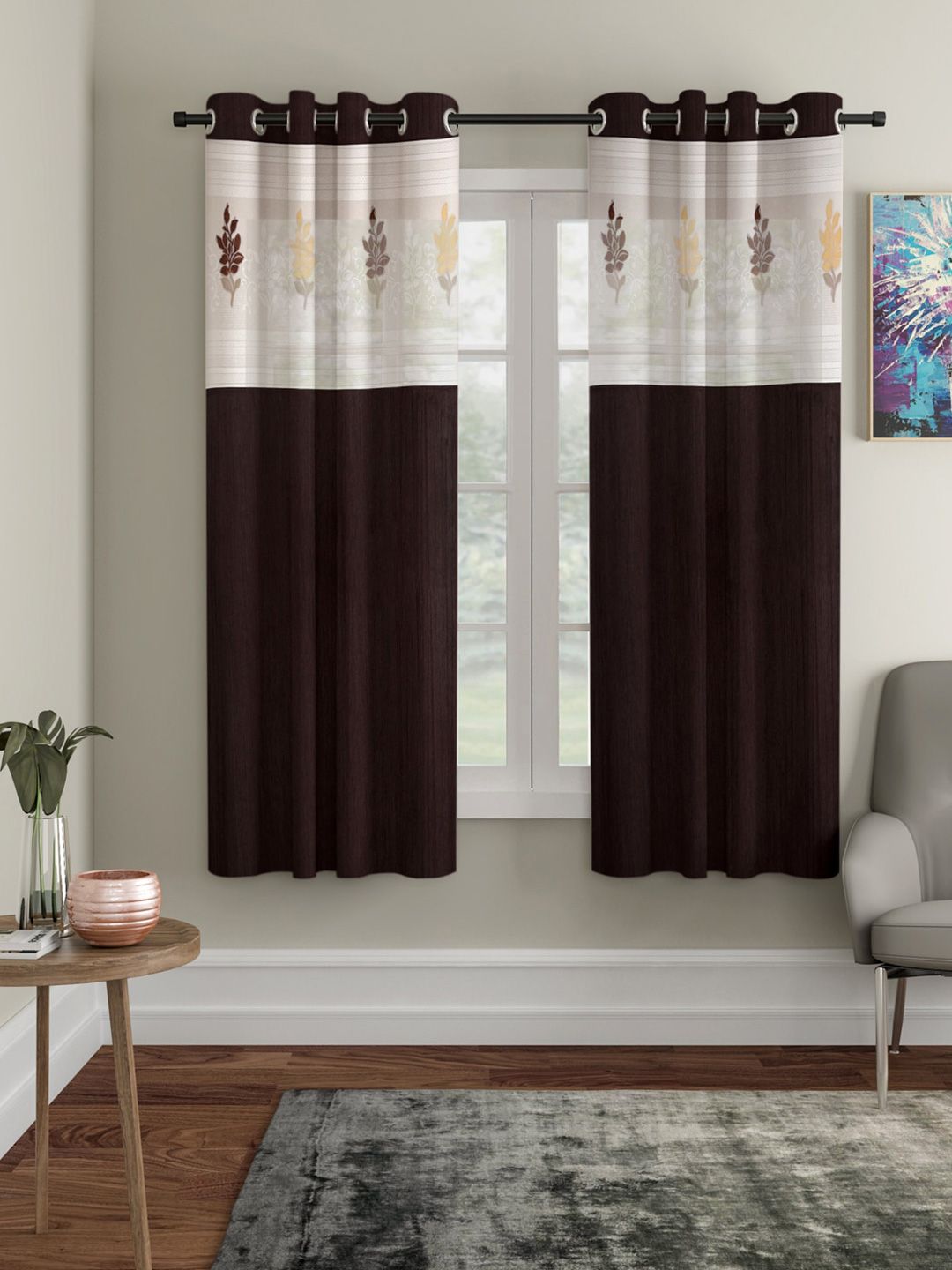 Home Sizzler Brown & Gold-Toned Set of 2 Embroidered Window Curtain Price in India