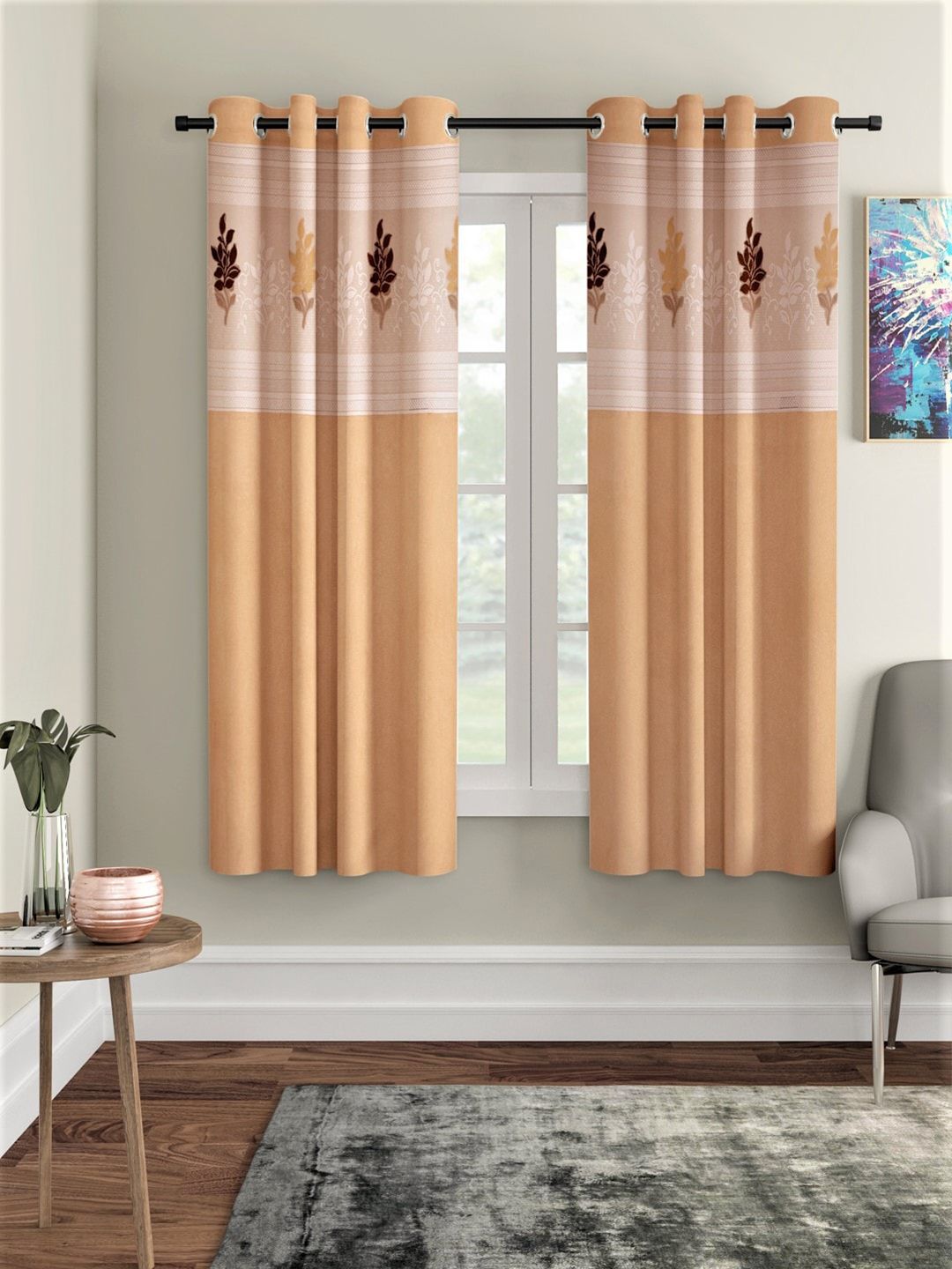 Home Sizzler Gold-Toned Set of 2 Floral Window Curtain Price in India