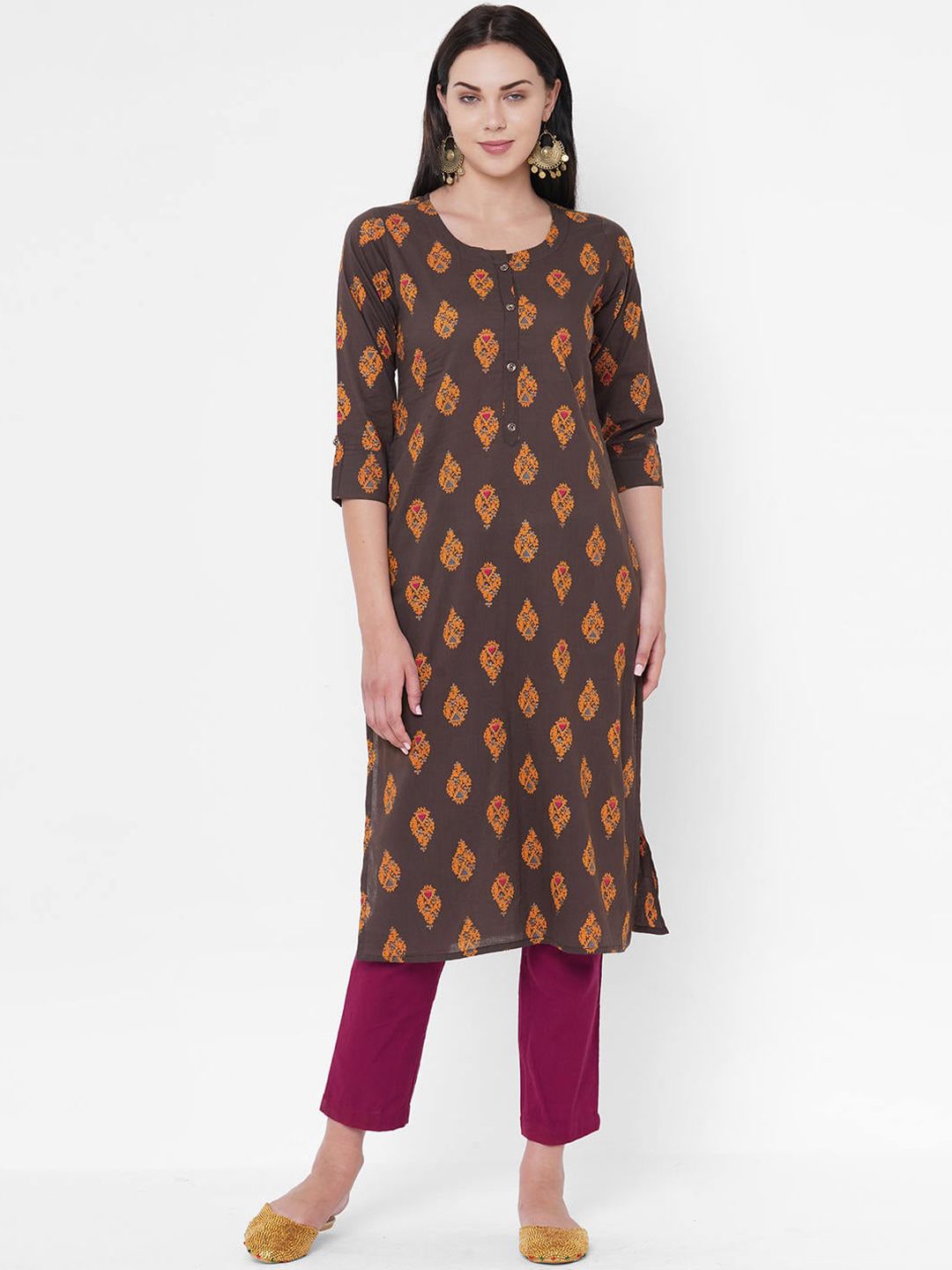 ZOLA Women Brown & Orange Ethnic Motifs Printed Block Print Kurta