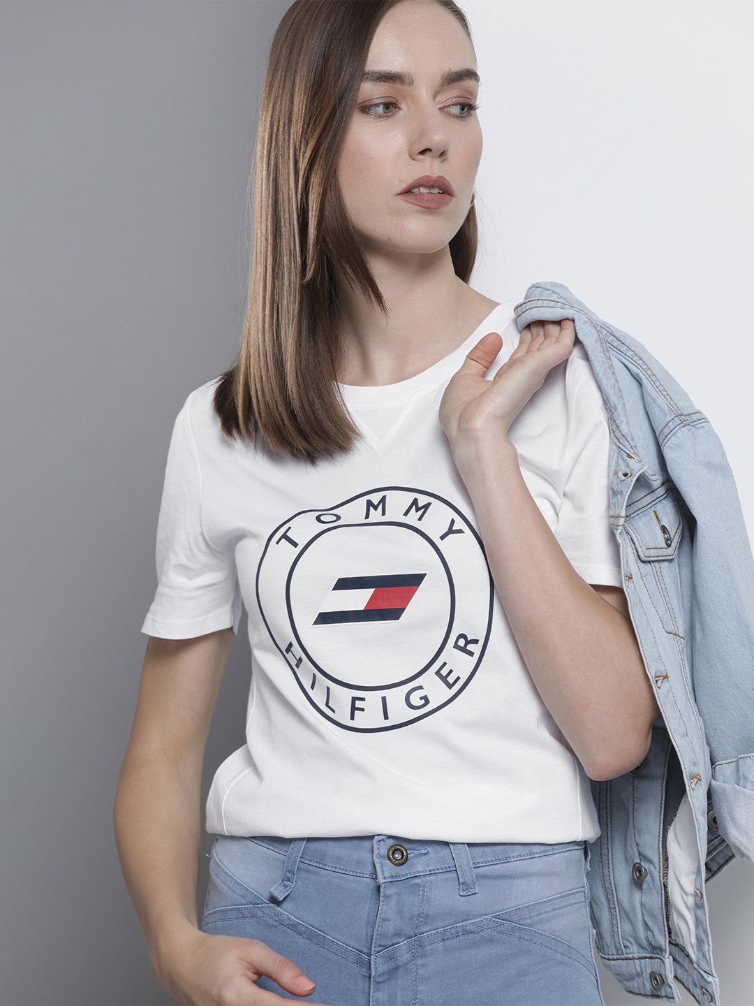 Tommy Hilfiger Women White & Navy Blue  Slim Fit Brand Logo Print Organic Cotton T-shirt