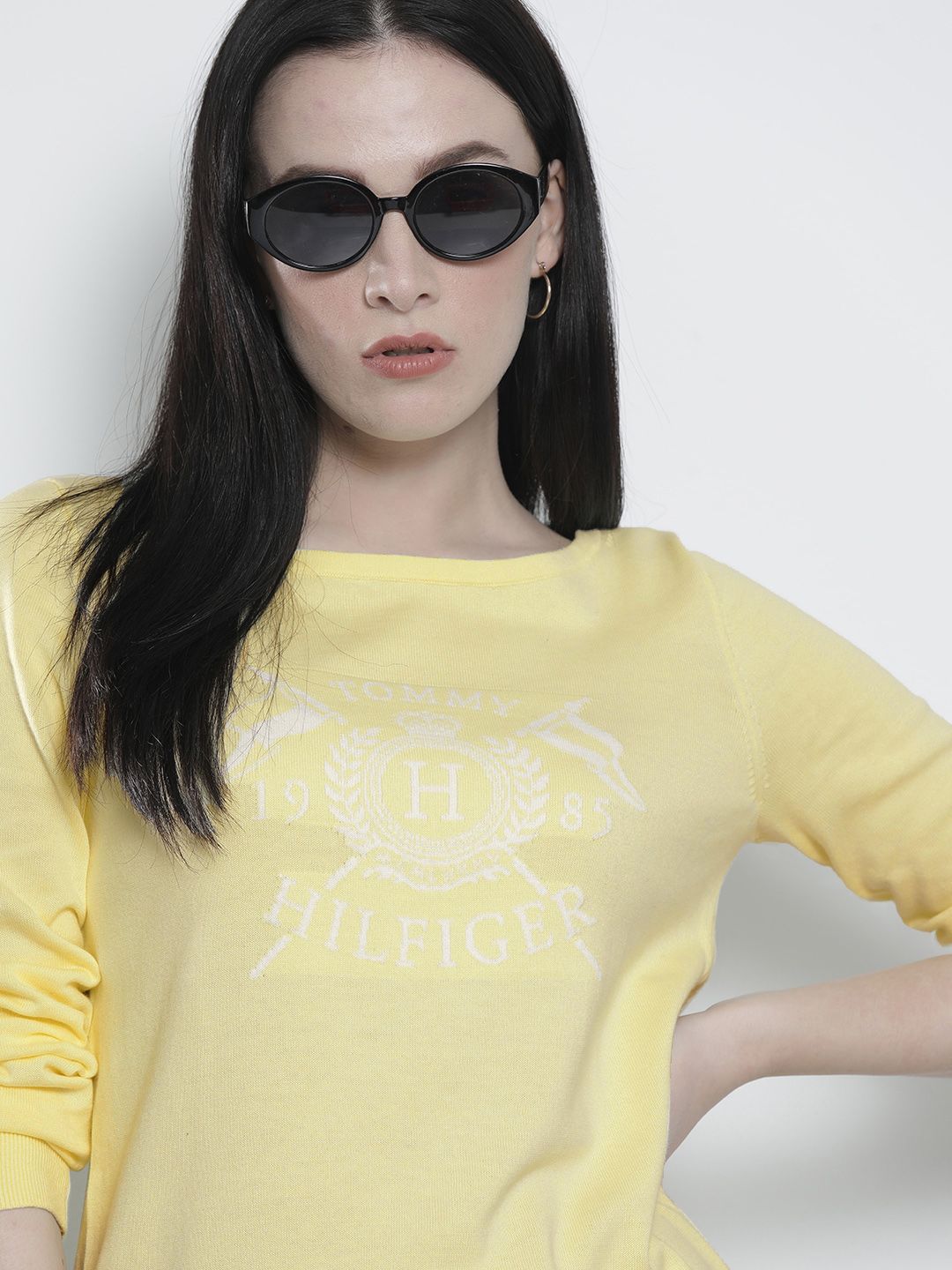 Tommy Hilfiger Women Yellow & White Woven Design Pullover Price in India