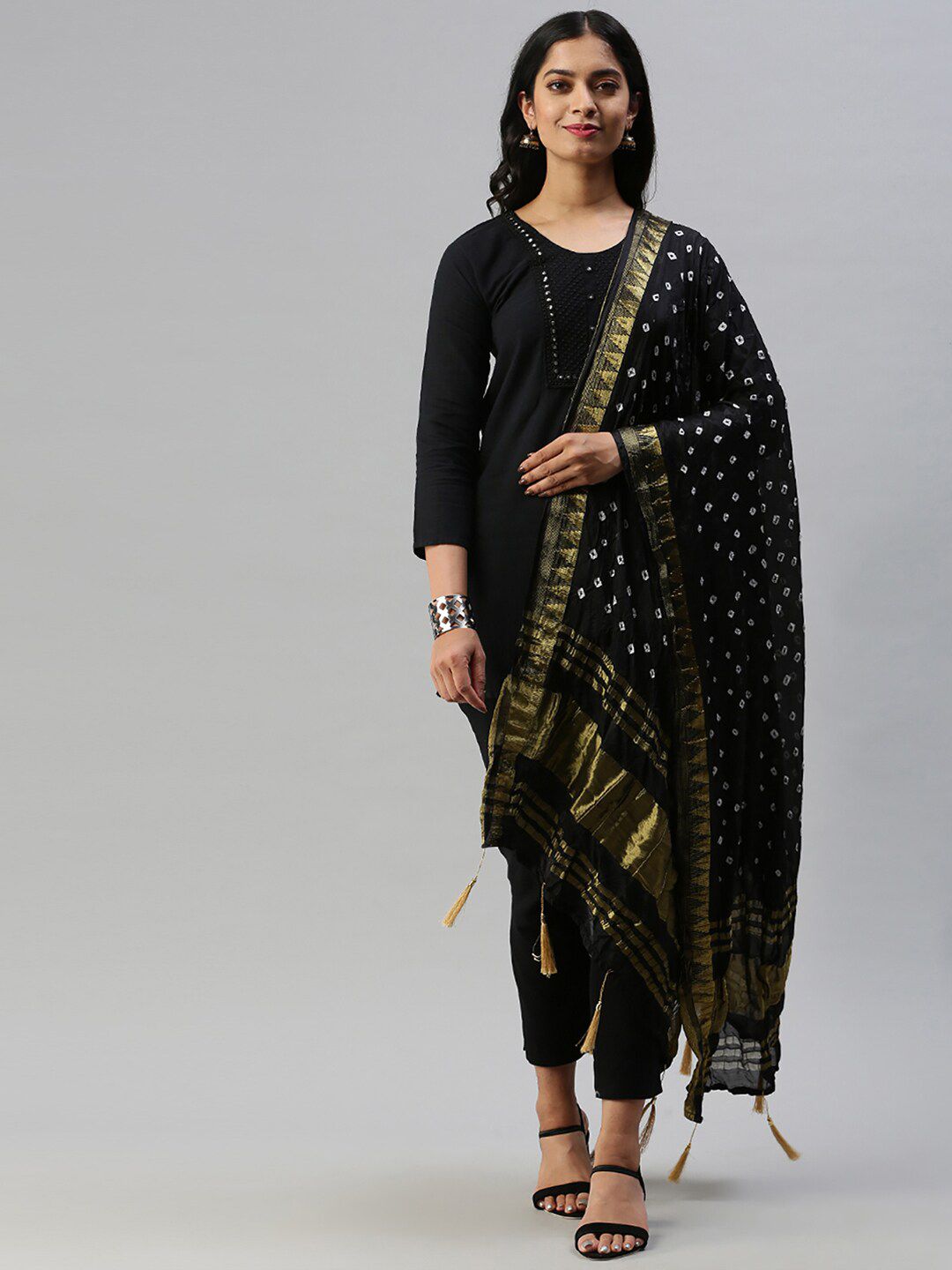 Soch Black & Gold-Coloured Dyed Art Silk Bandhani Dupatta with Zari Price in India