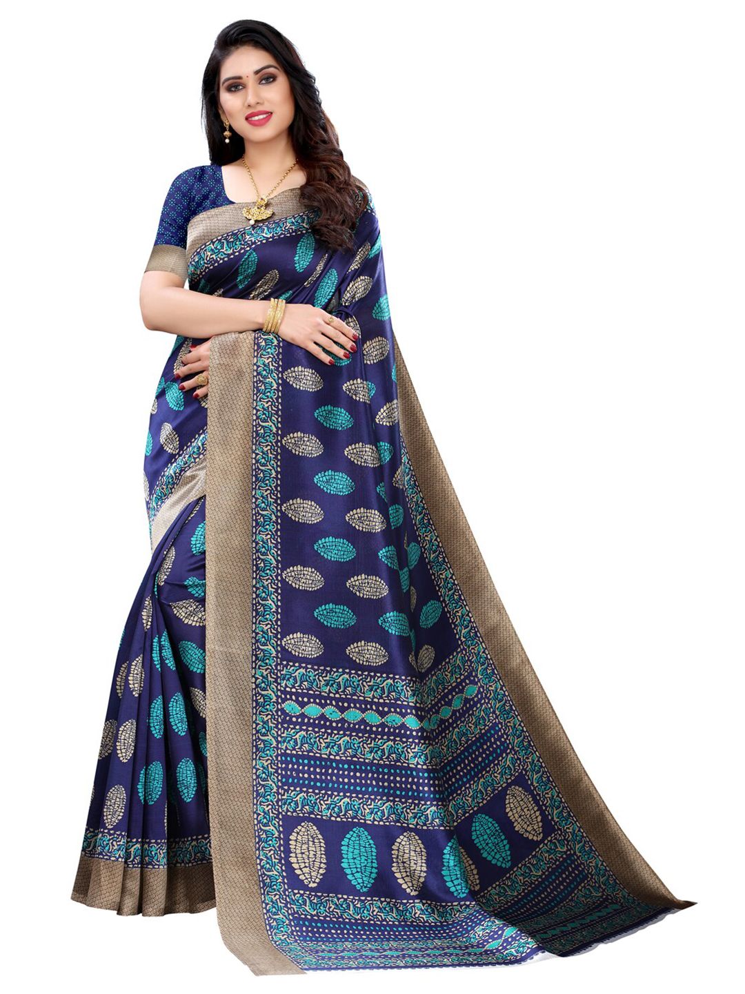 KALINI Navy Blue Printed Poly Silk Saree