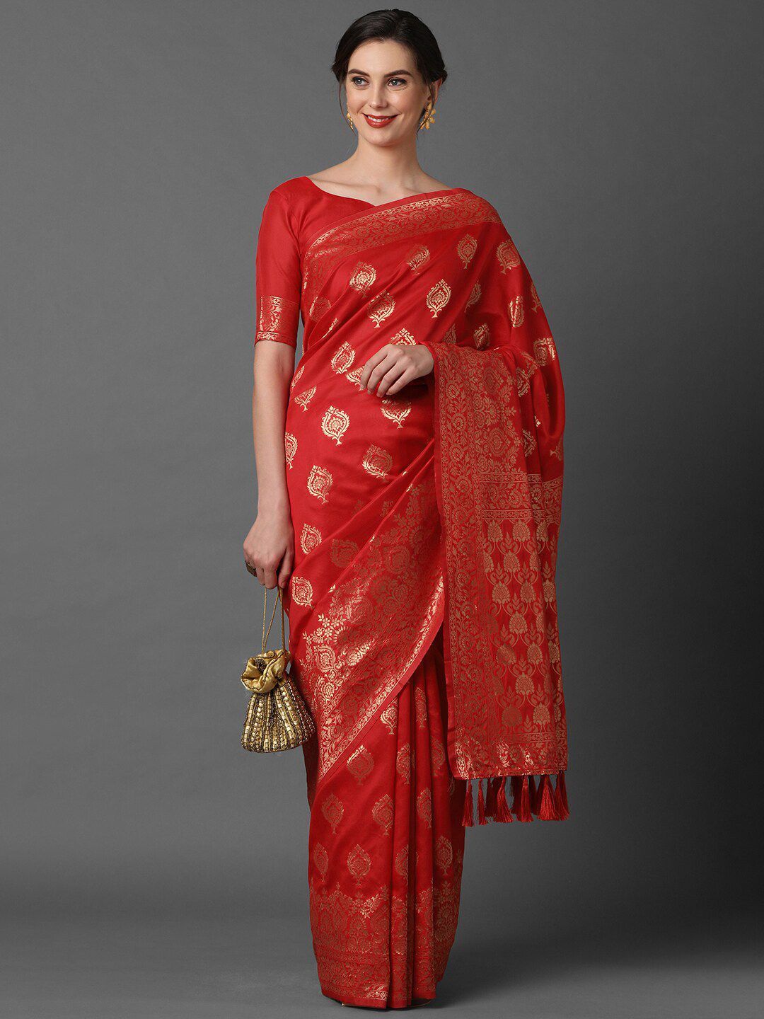 Mitera Red & Gold-Toned Floral Zari Woven Design Silk Blend Banarasi Saree Price in India