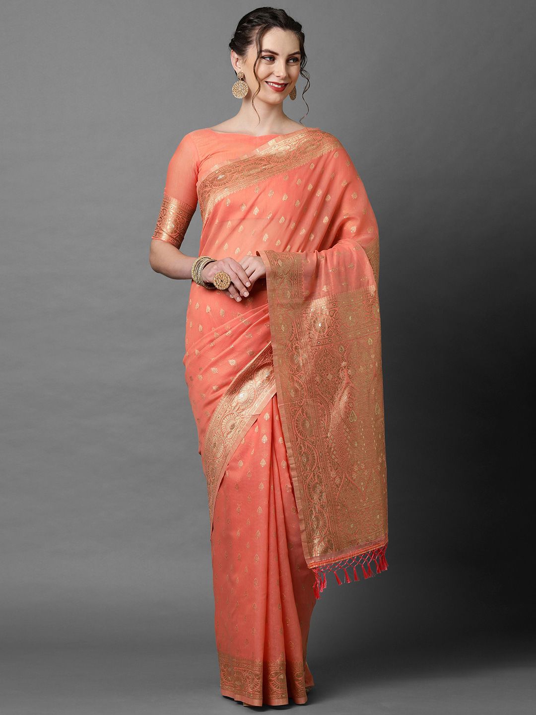 Mitera Peach-Coloured & Gold Floral Woven Design Silk Blend Banarasi Saree Price in India