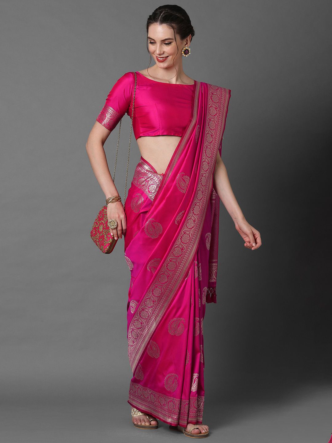 Mitera Pink & Silver-Toned Paisley Zari Silk Blend Banarasi Saree Price in India