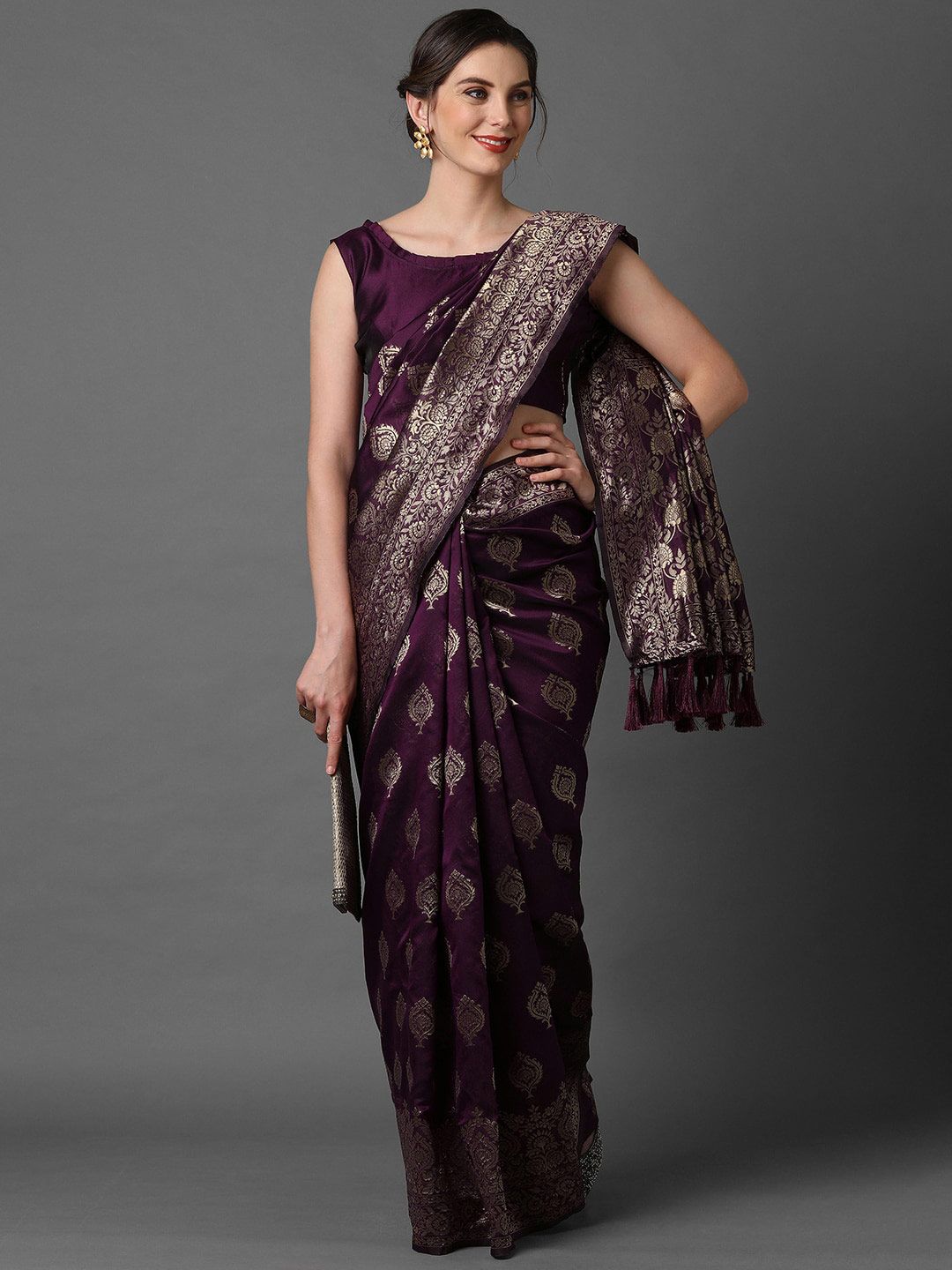 Mitera Burgundy Woven Design Silk Blend Banarasi Saree Price in India